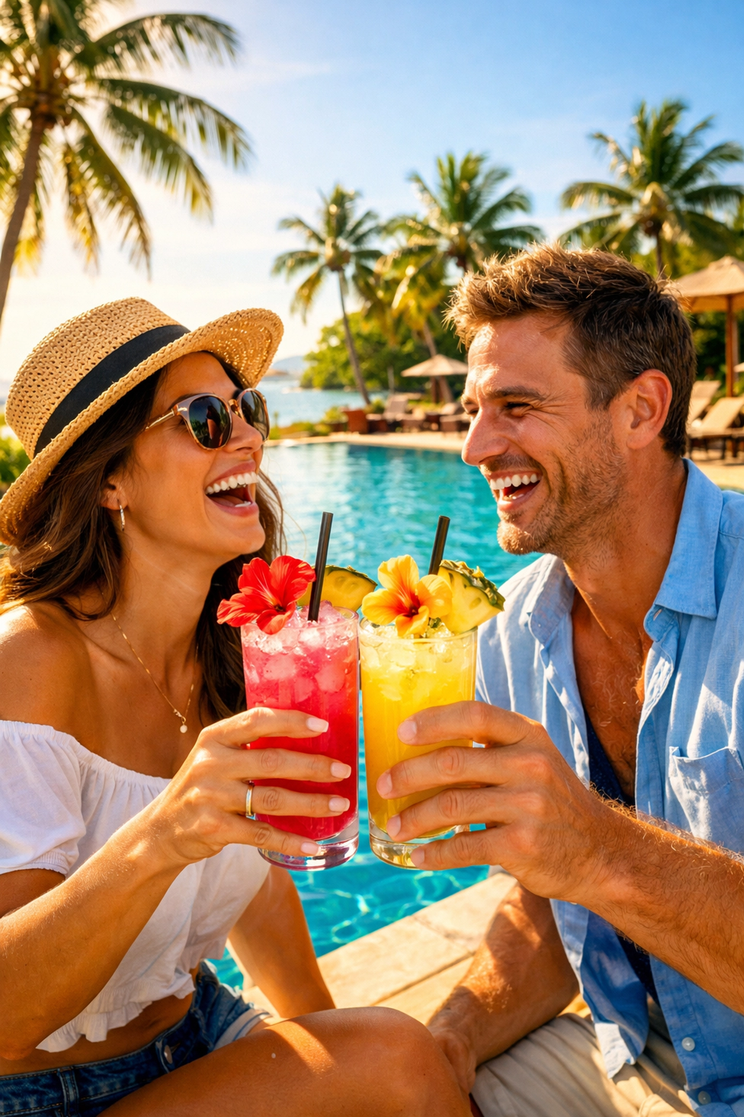 A couple enjoying tropical cocktails by a luxury resort infinity pool overlooking palm trees in Mexico.