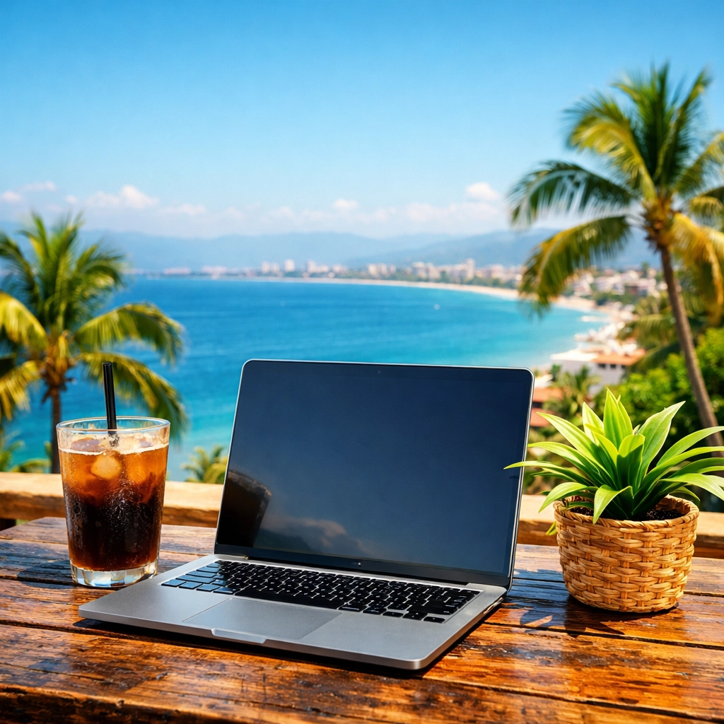 Puerto Vallarta digital nomad workspace on a sunny terrace with a laptop overlooking Banderas Bay.