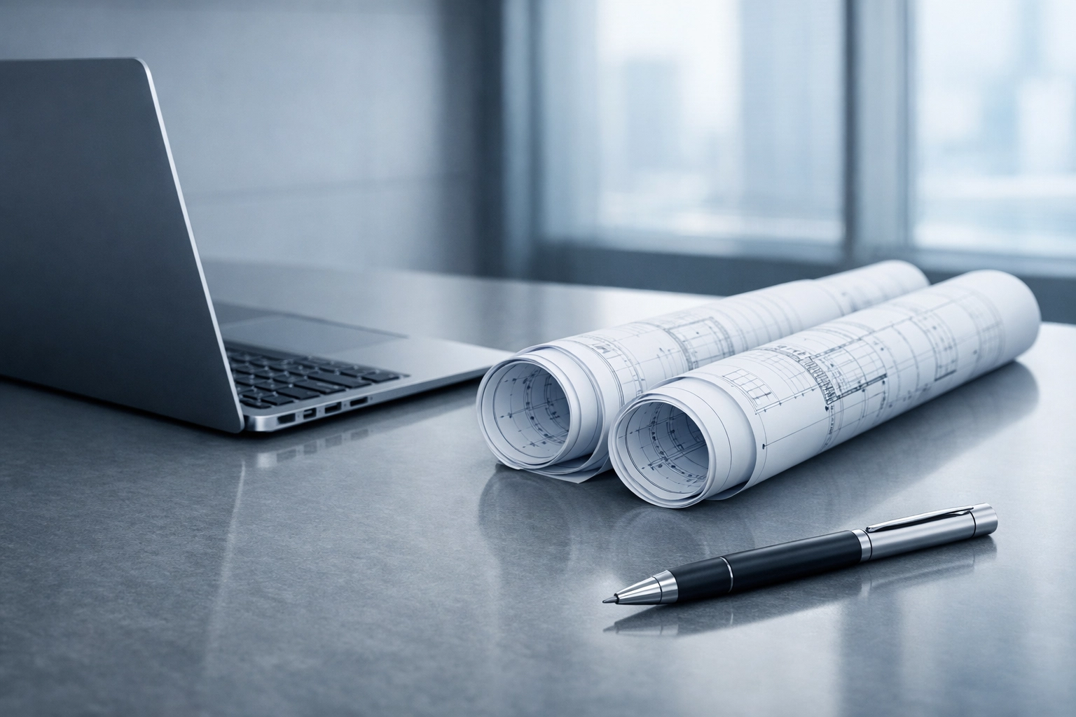 Professional office desk with blueprints used during a North Carolina business sale due diligence.