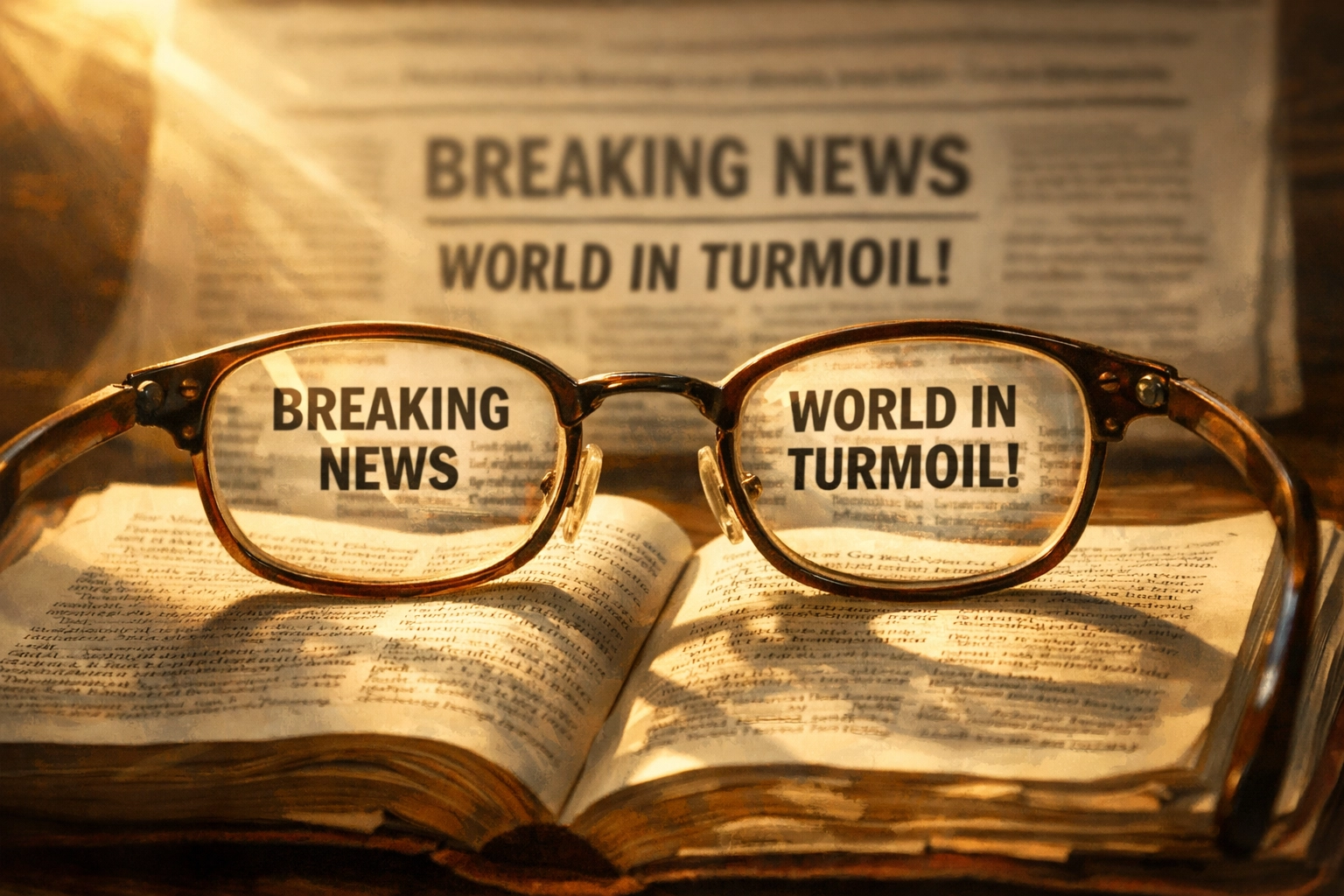 Reading glasses on open Bible showing how Scripture provides lens for understanding news