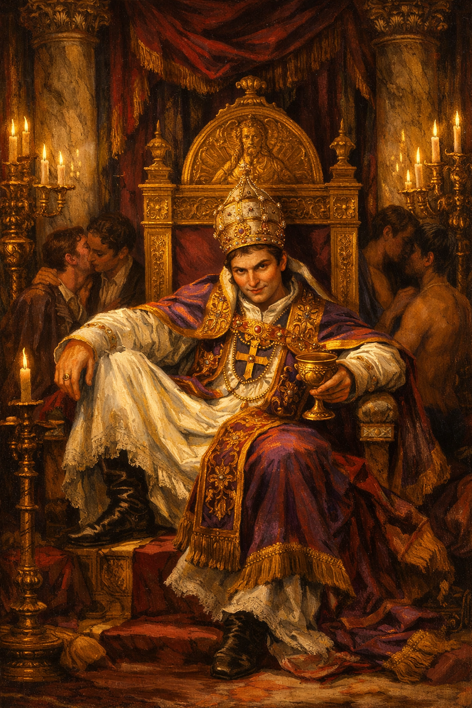 Young Pope John XII on Vatican throne surrounded by male companions in 10th century