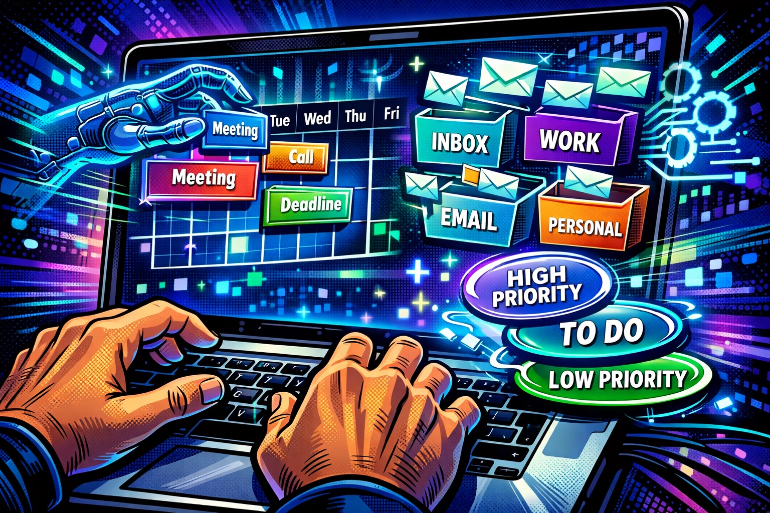 AI business automation organizing tasks and emails while user works on laptop