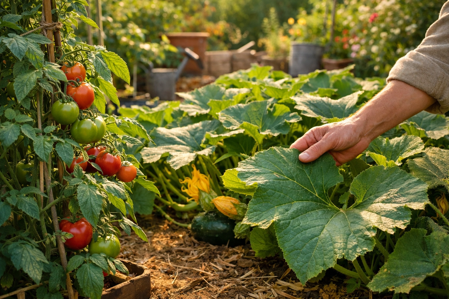 Healthy heirloom tomato and squash plants in organic garden free from pests and disease