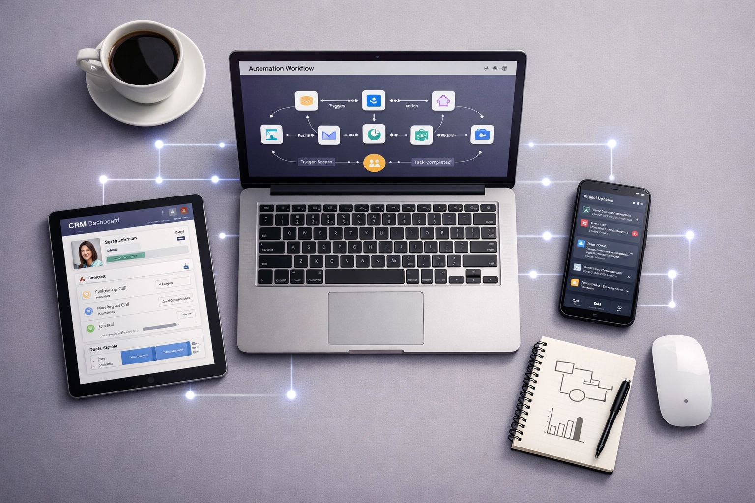 Integrated business tech stack with connected CRM, project management, and automation tools for small business operations