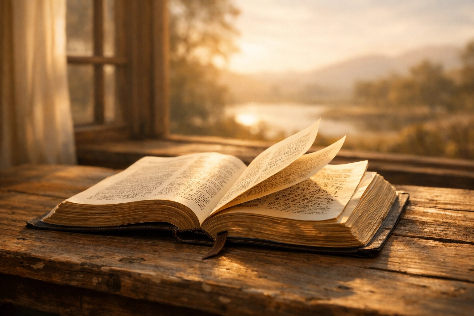 Open Bible on wooden table showing Scripture's perspective on peace and war