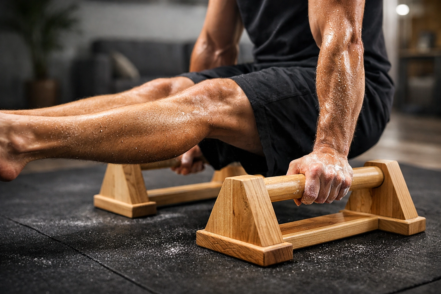 Athlete's hands on wooden parallettes performing an L-sit as part of a bodyweight training workout at home.