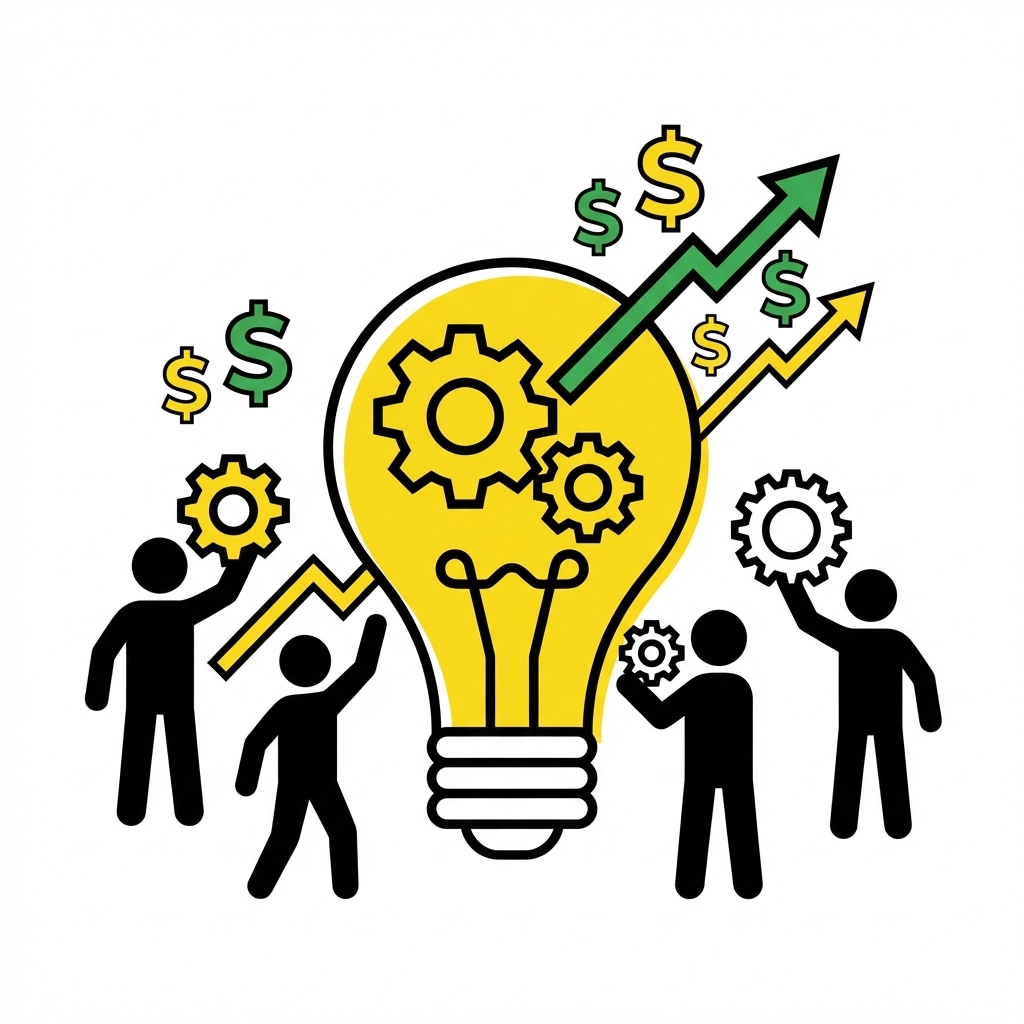 Silhouettes hold gears around a large yellow lightbulb with dollar signs and arrows, symbolizing creativity and growth.