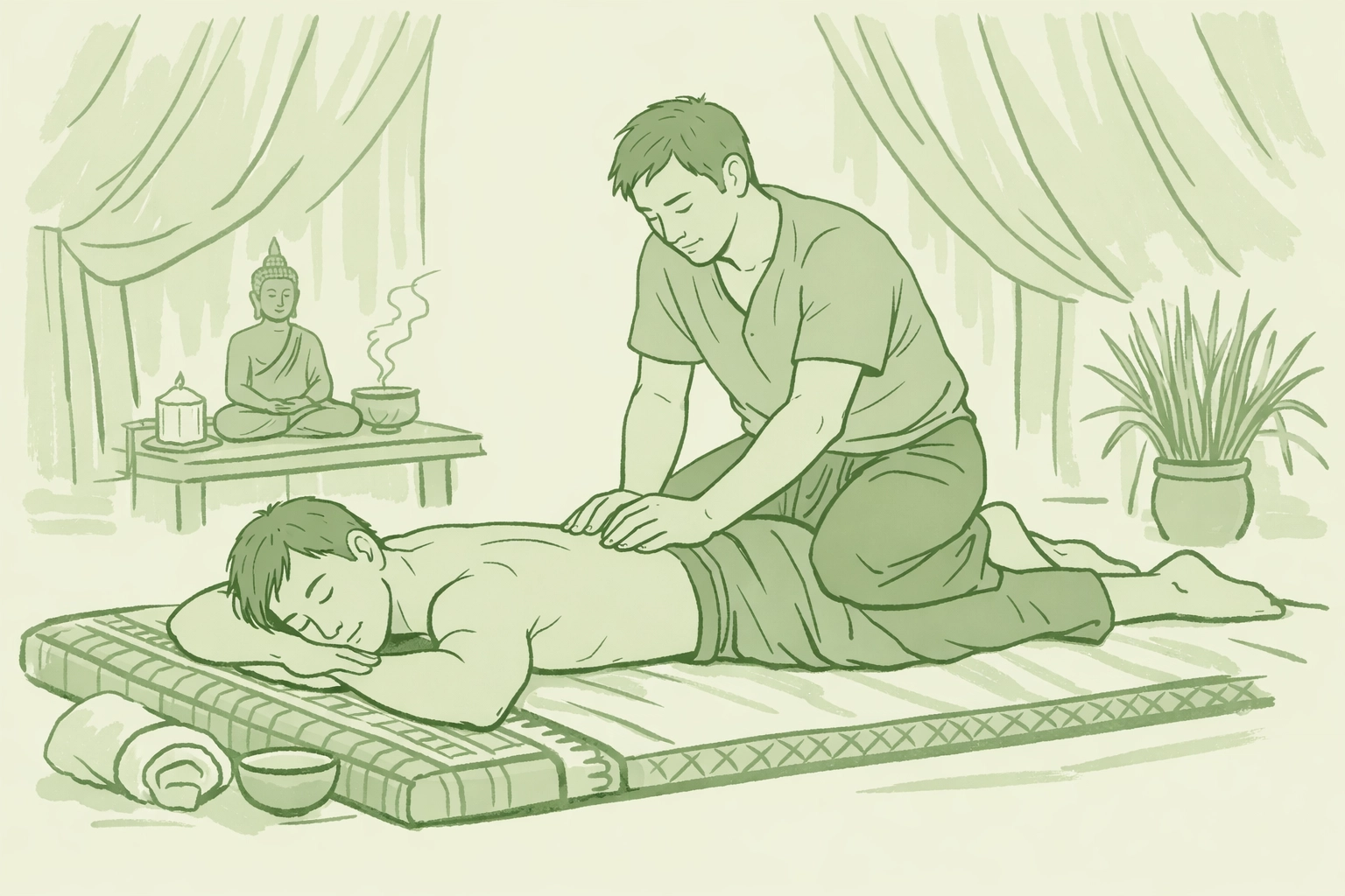 Two men in intimate Thai massage session in Bangkok studio