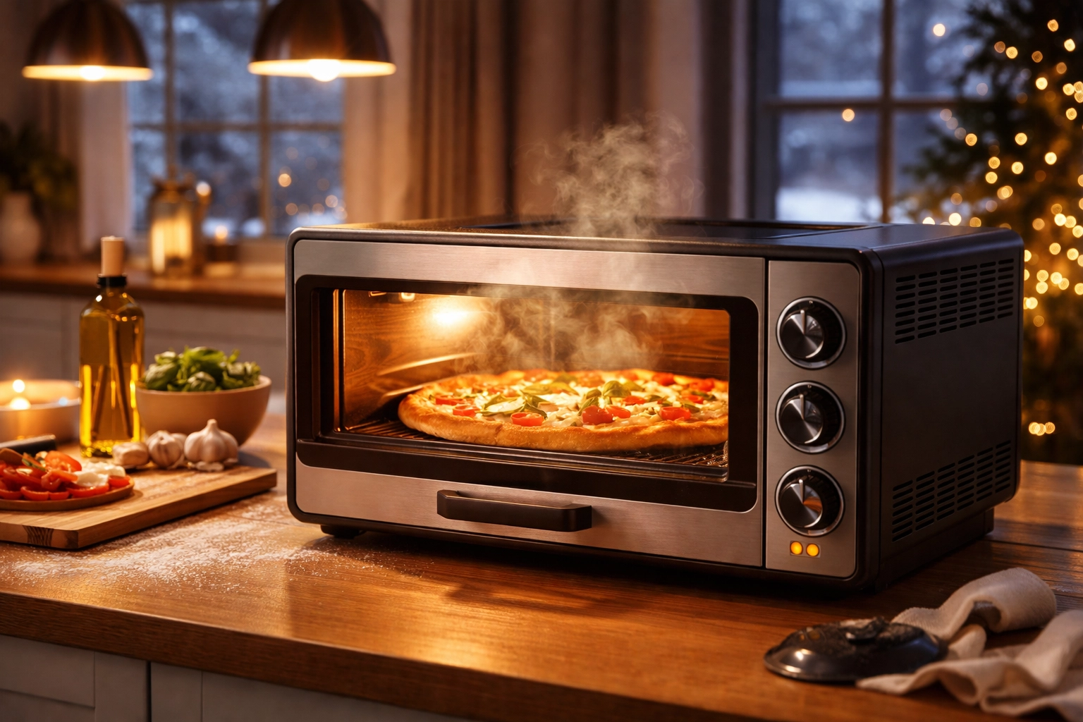 Indoor electric pizza oven baking margherita pizza, showing home versatility for pizza oven sale shoppers