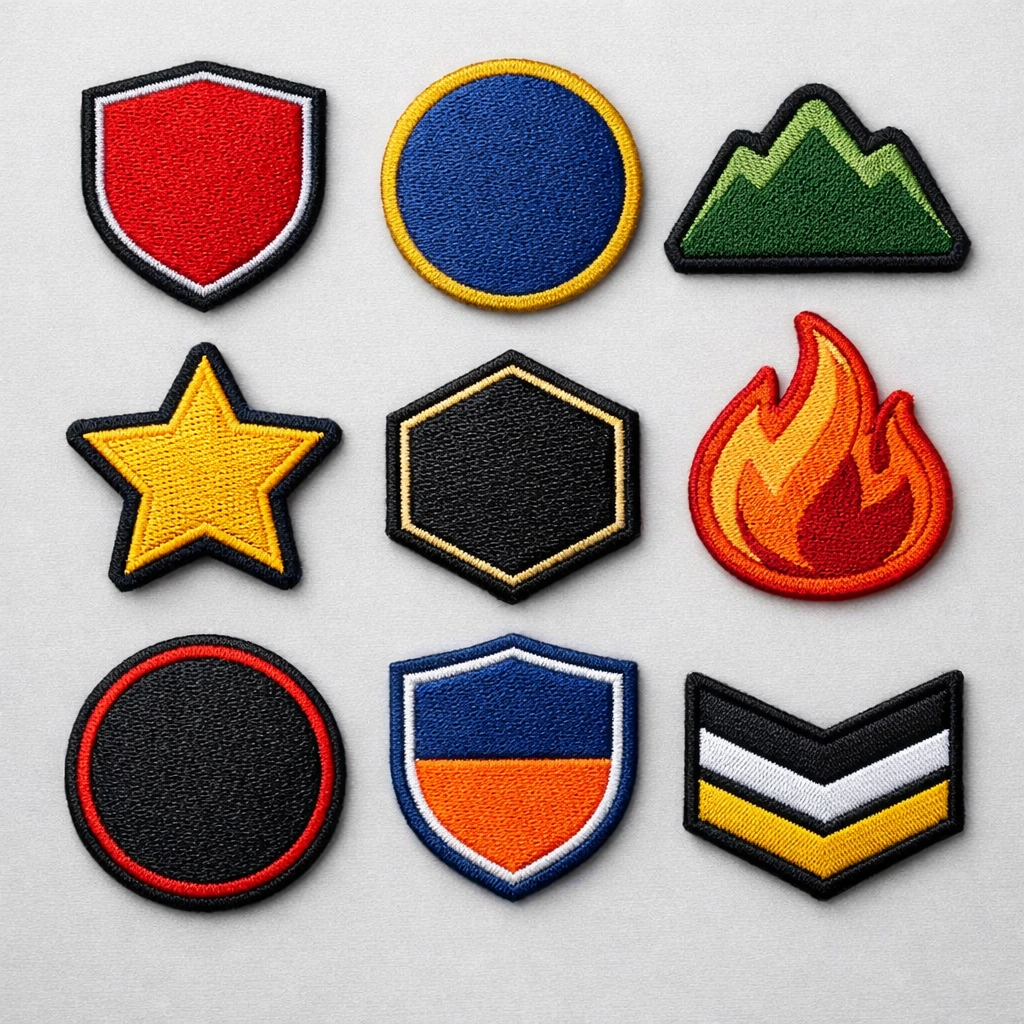 Various shapes of custom embroidery patches with Merrowed borders and durable, high-density stitching.