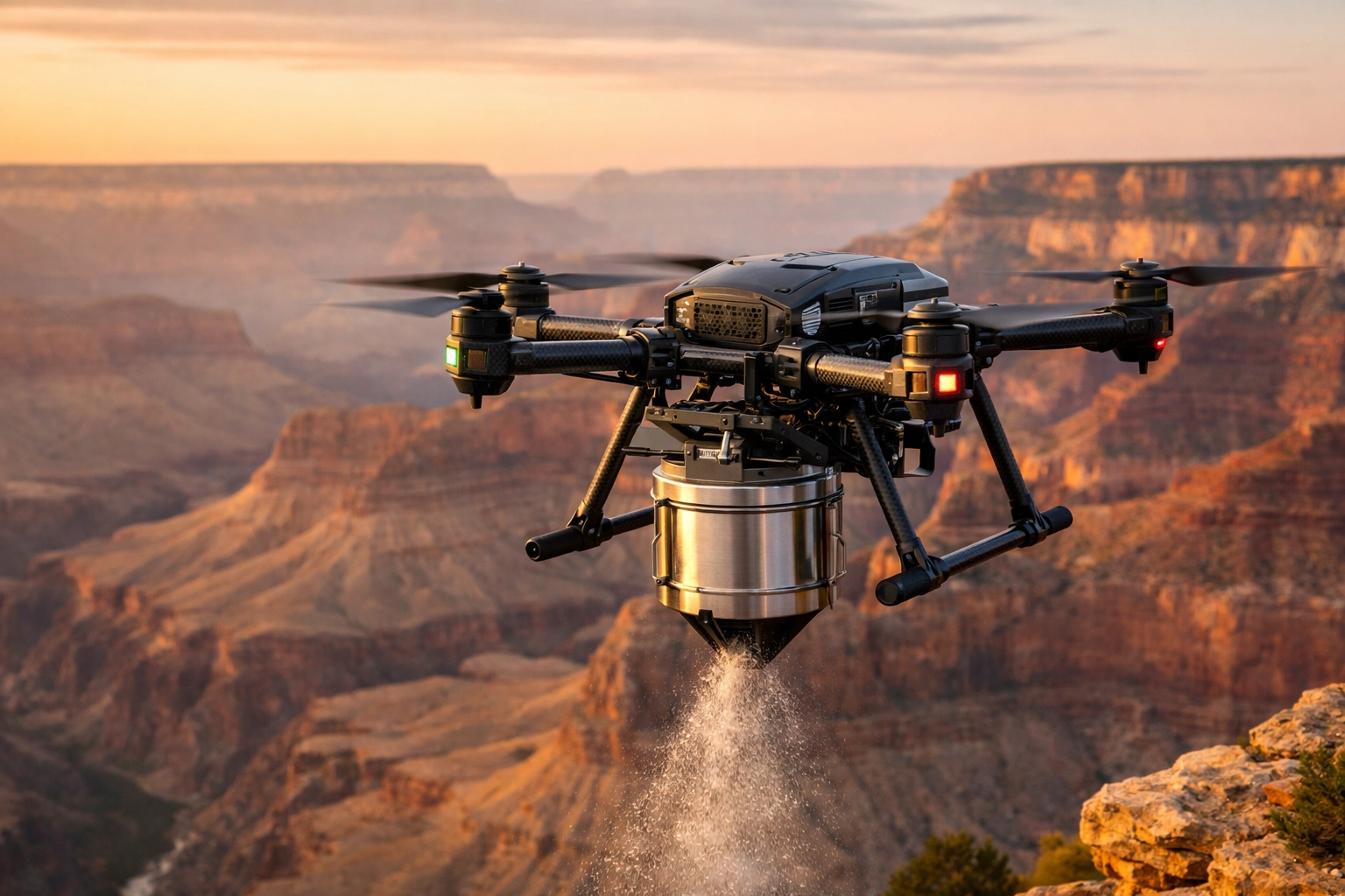 Professional drone ash scattering ceremony at the Grand Canyon using specialized aerial memorial technology.