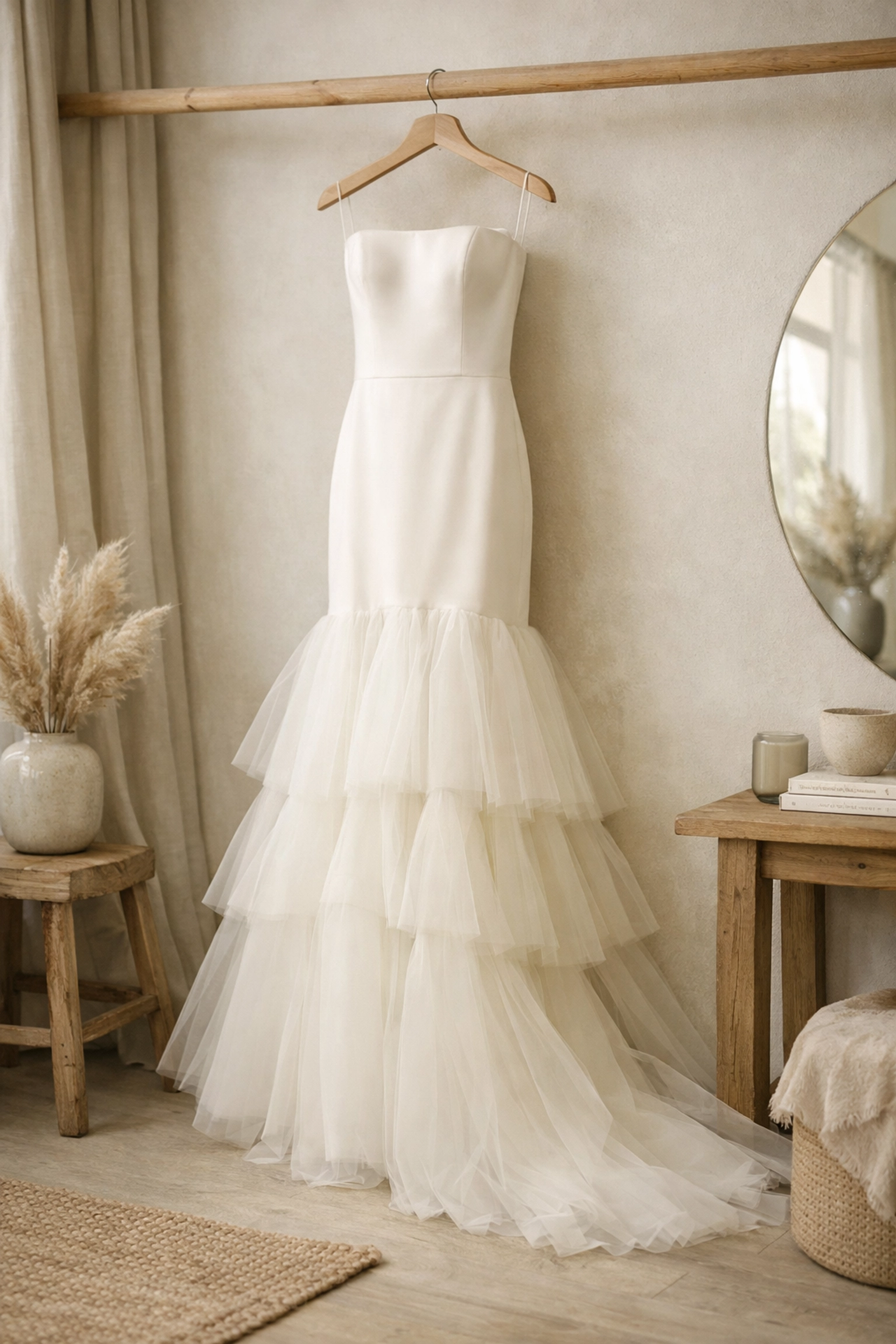 Modern drop-waist bridal gown with a sleek ivory satin bodice and voluminous tulle skirt.