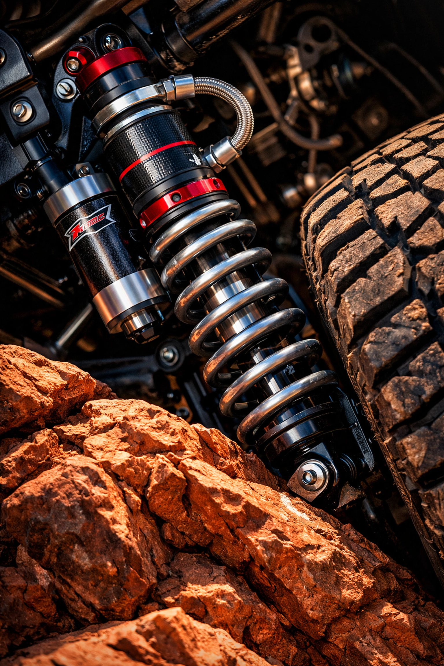 Off-road 4x4 suspension shock and coil spring articulating over Moab slickrock for Easter Jeep Safari.