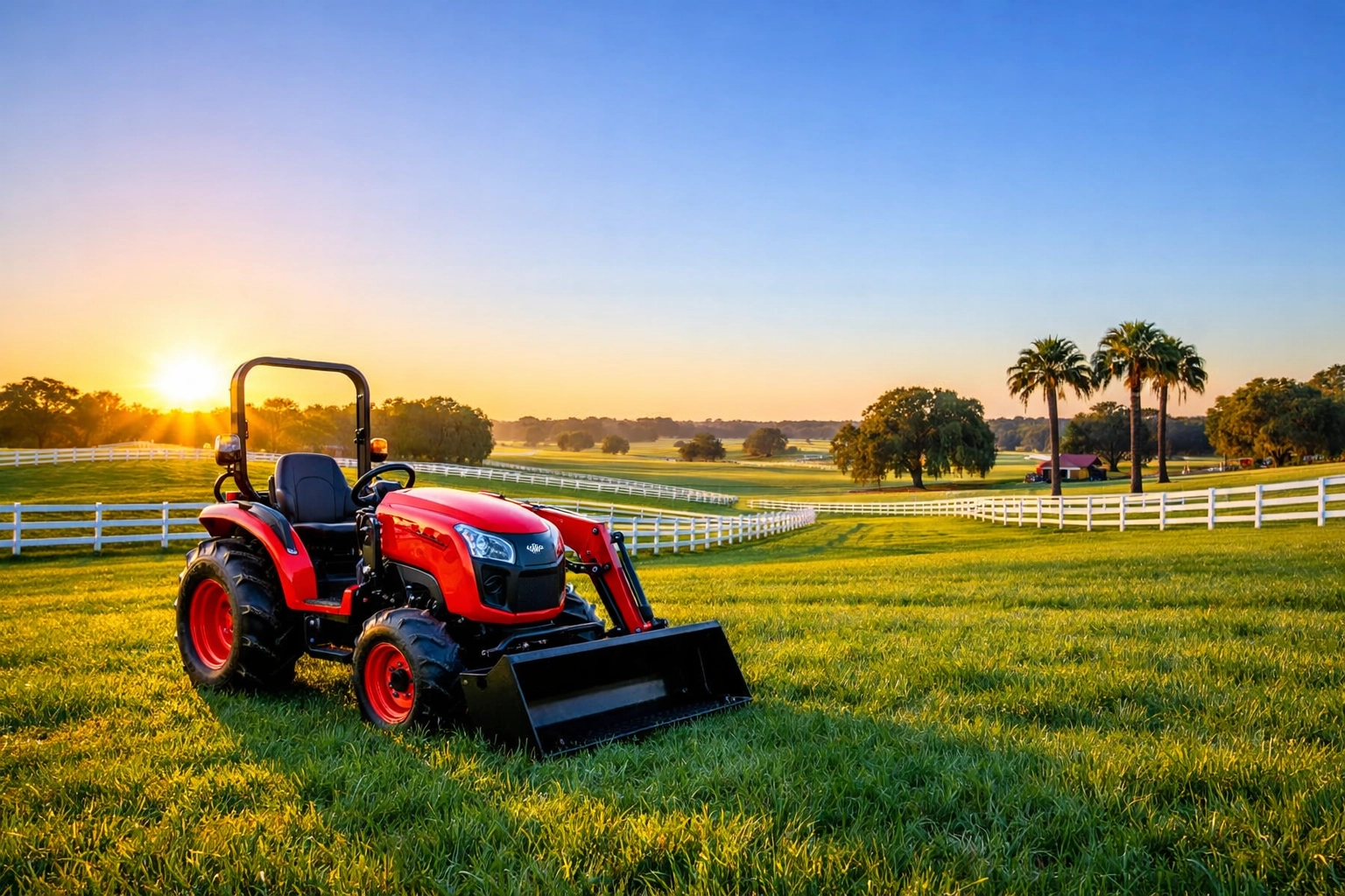 Modern red compact tractor on a green Florida ranch at sunrise, available at a local tractor dealer.