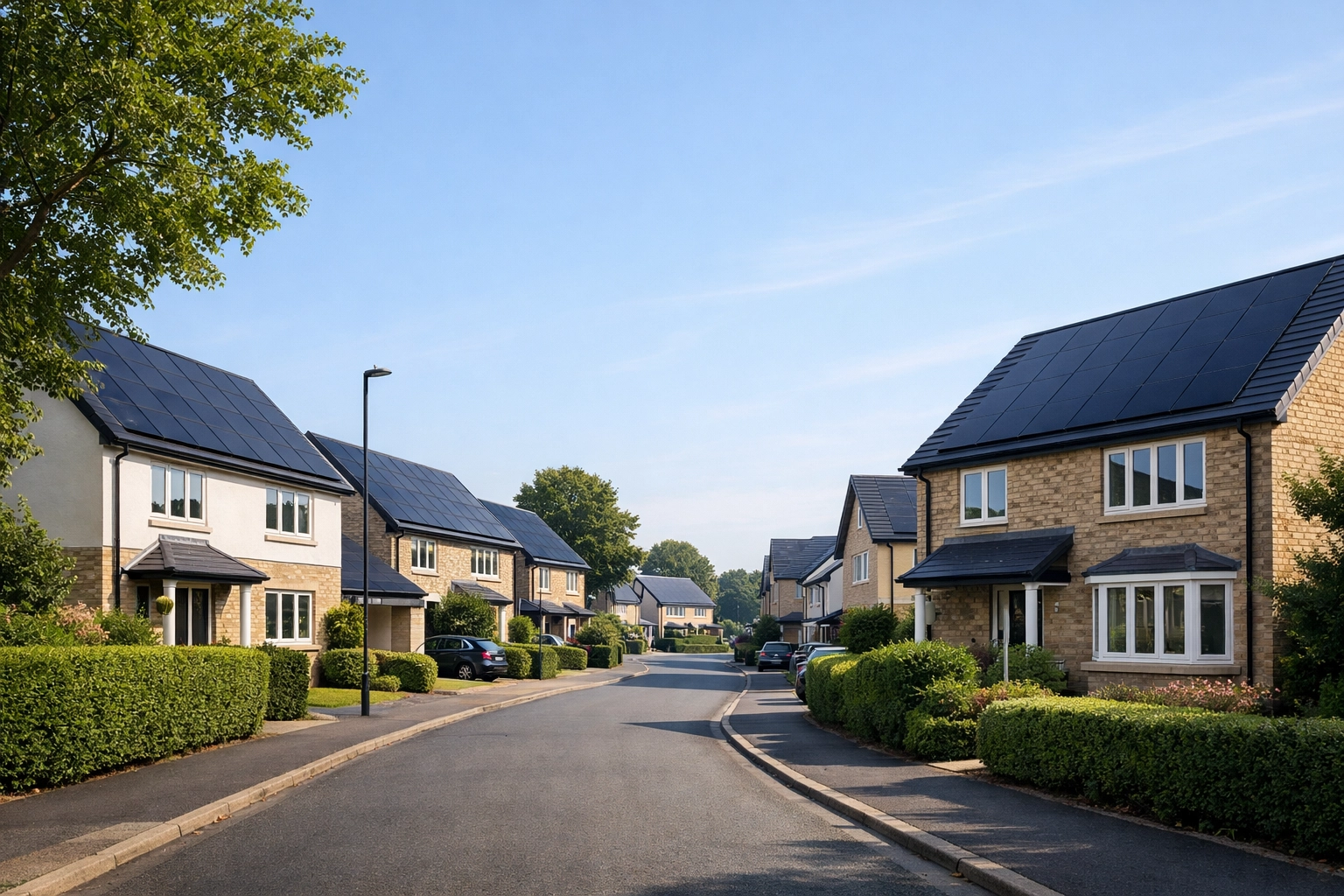 Modern UK residential street with all-black solar panels installed on rooftops for energy resilience.