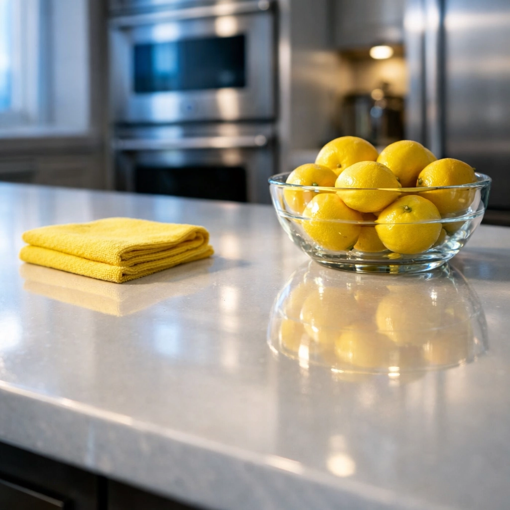 Sparkling kitchen island and lemons using eco-friendly Apartment Cleaning Massachusetts methods.