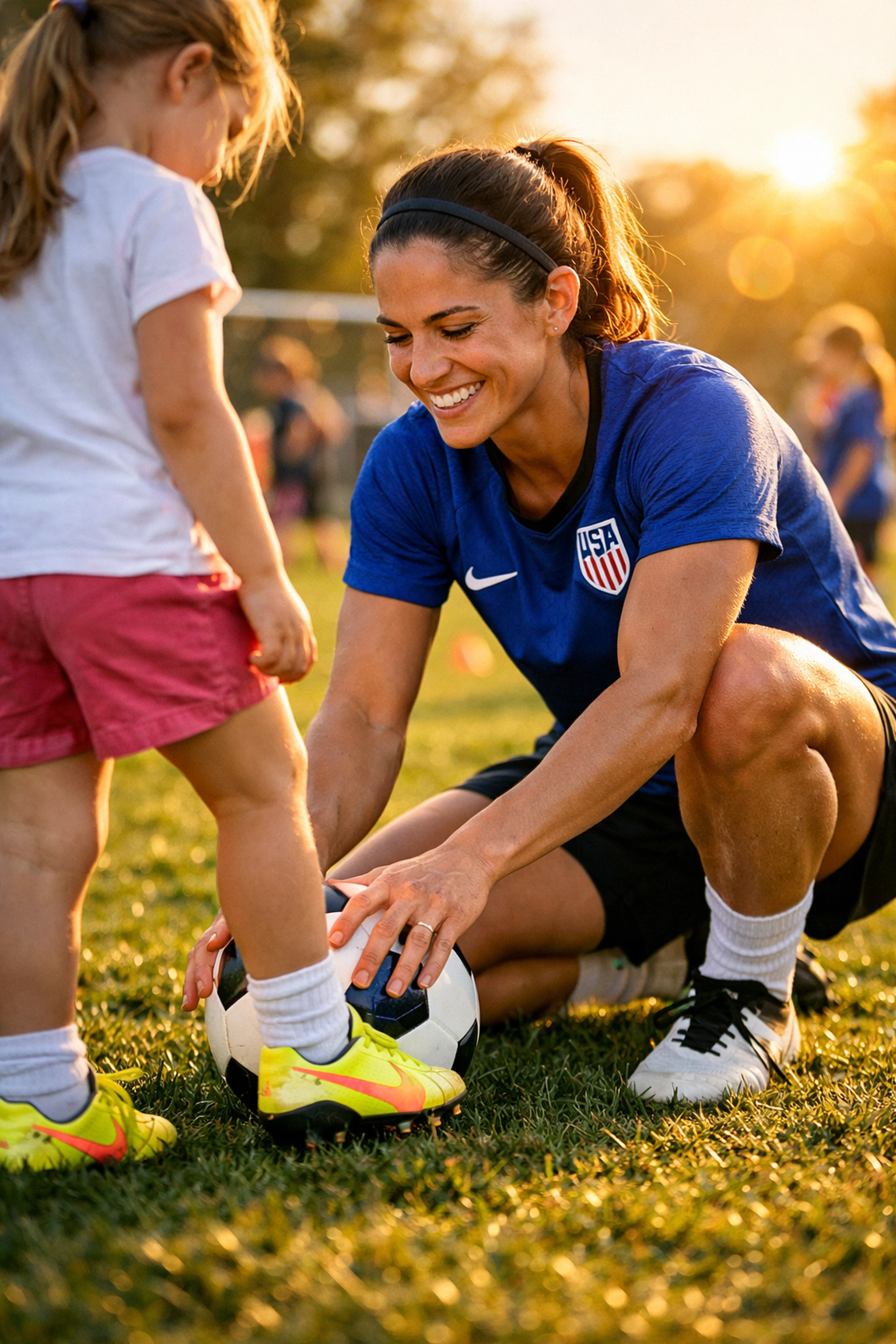 Professional soccer player mentoring a young girl at a community sports clinic, showing generational impact.