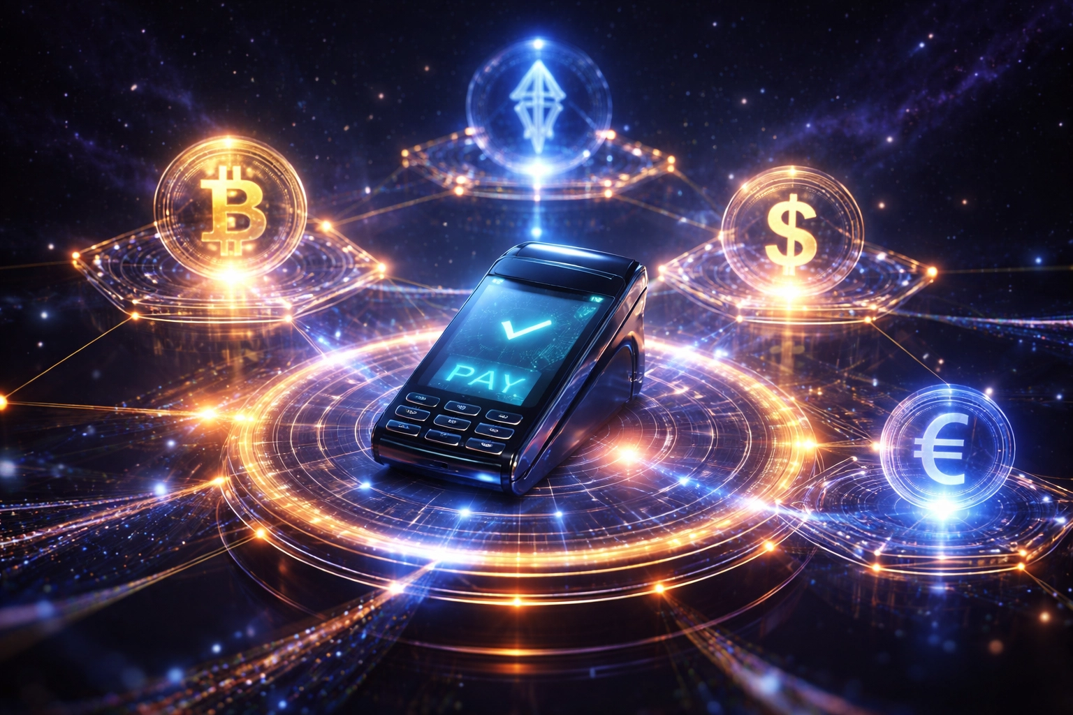 A digital payments network with blockchain nodes and crypto symbols highlights Web3 global payment innovation.