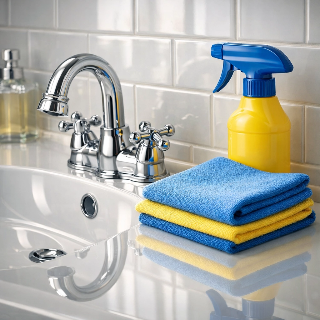 Sparkling bathroom sink and vanity showcasing professional residential cleaning services in Leominster MA.