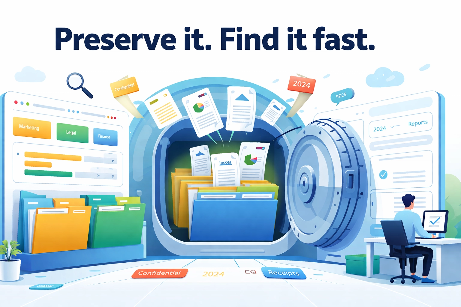 Illustration of a vault-like digital archive with documents being indexed into folders and tags, representing Archive Forge.