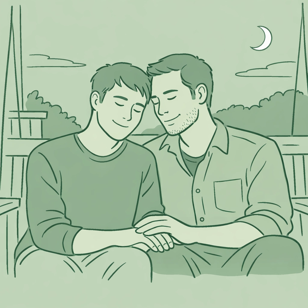 Two men sharing an emotional bond on a porch swing, illustrating asexual romance in queer literature.
