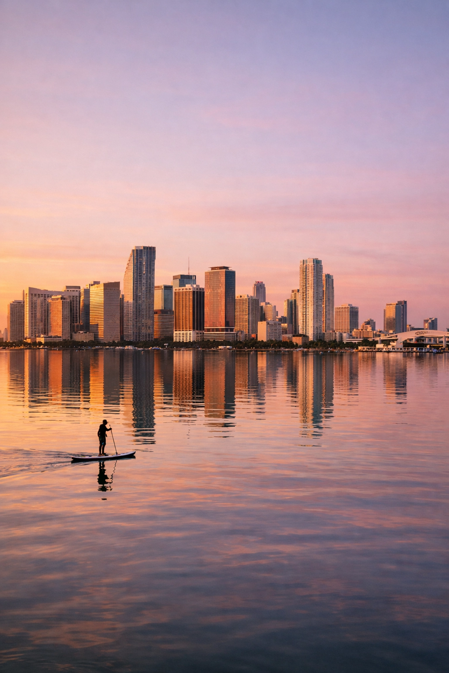 Miami skyline views at sunset with reflections in Biscayne Bay, a fun thing to do in Miami.