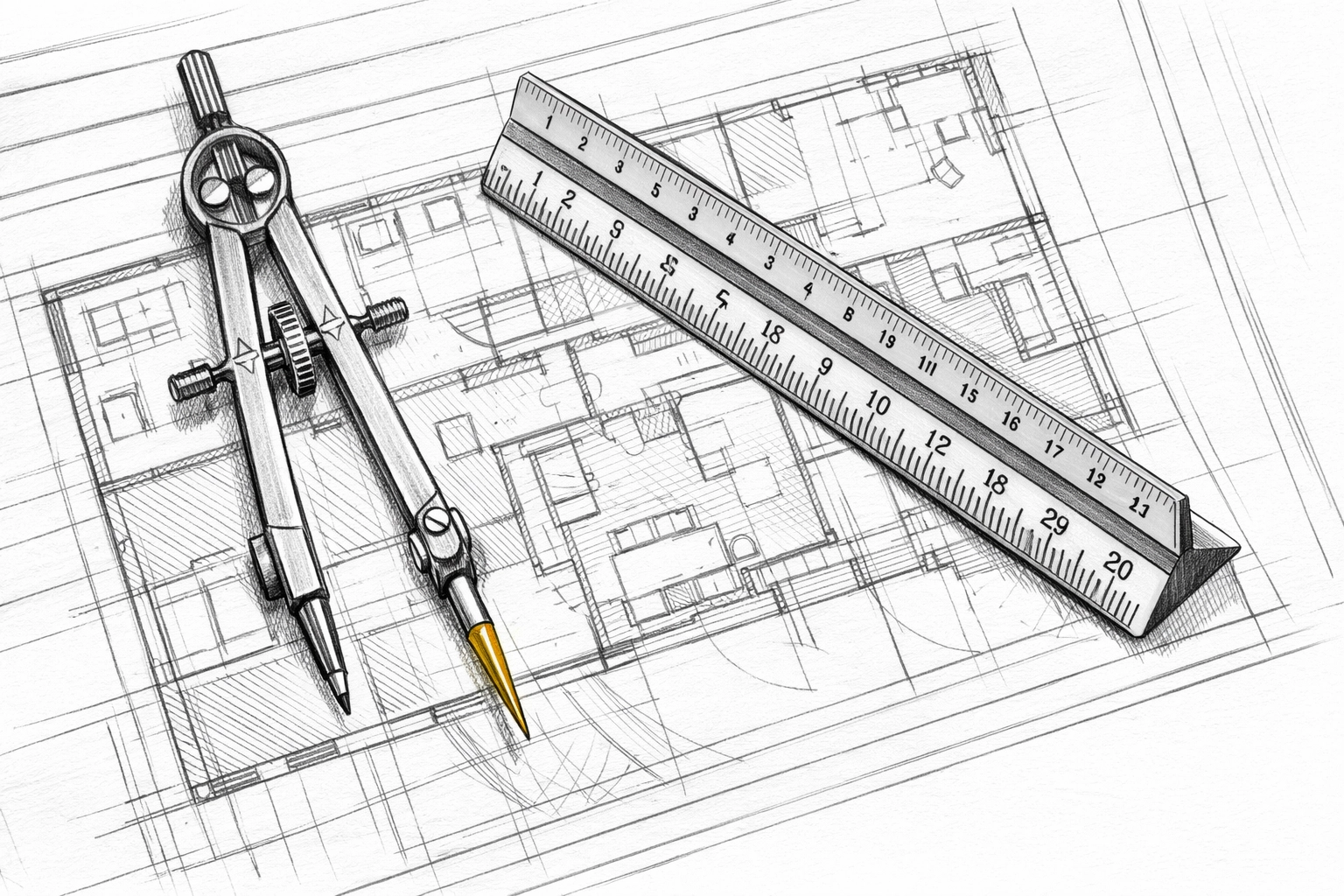 Graphite sketch of architectural drafting tools and blueprints for professional CEU course planning.