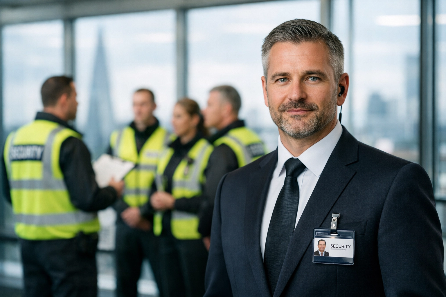 Professional security manager overseeing a team of guards to ensure high SIA standards.