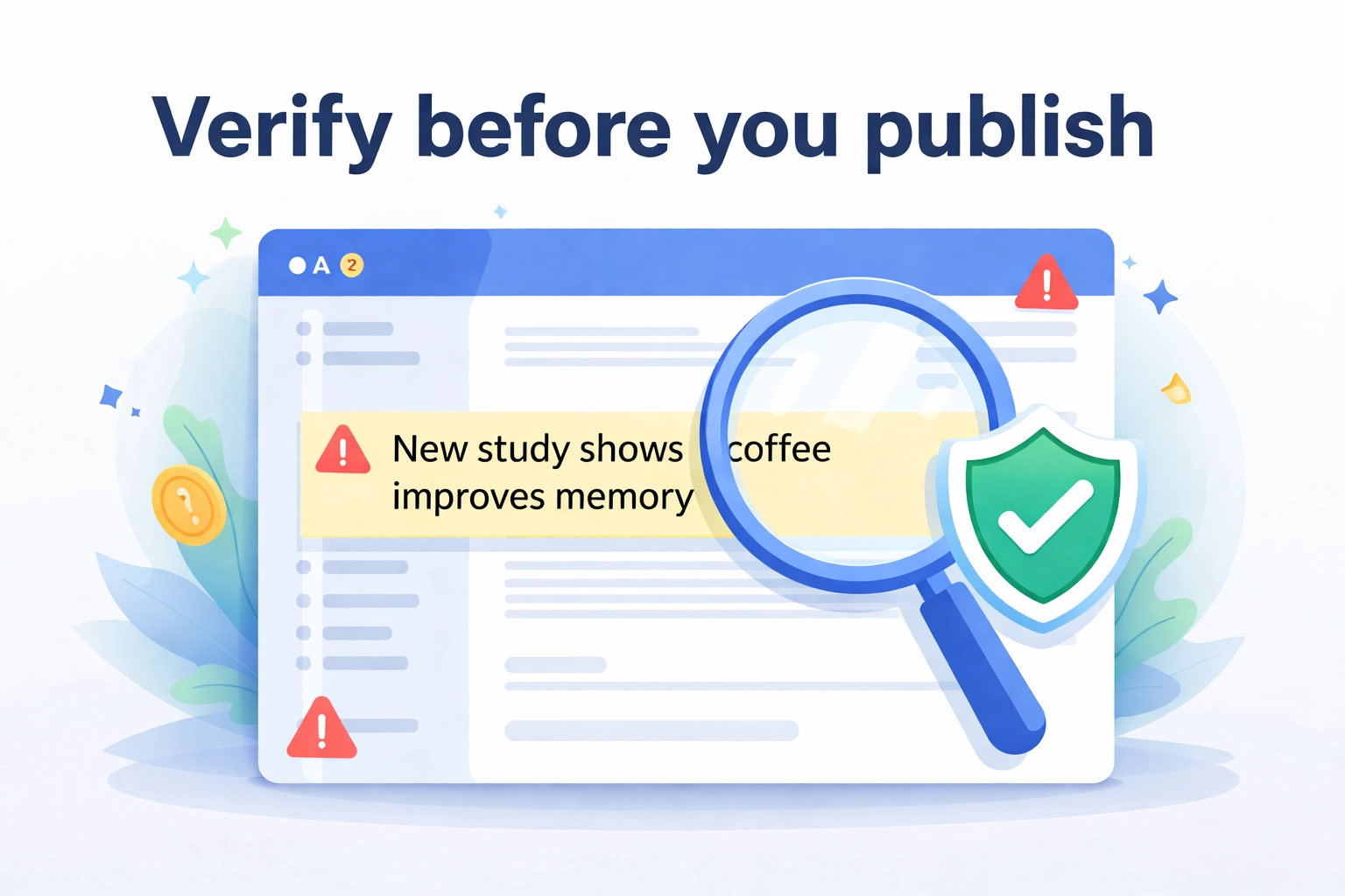 Illustration of a WordPress-style editor workflow with a magnifying glass and verification markers, representing Verifact fact-checking.