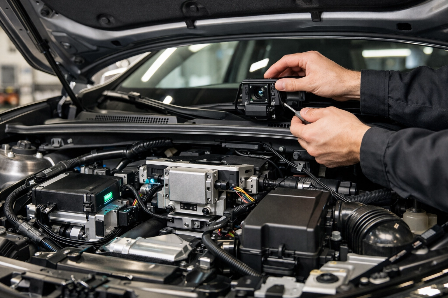 Auto technician calibrating advanced sensors in modern vehicle increasing Northern Kentucky repair costs