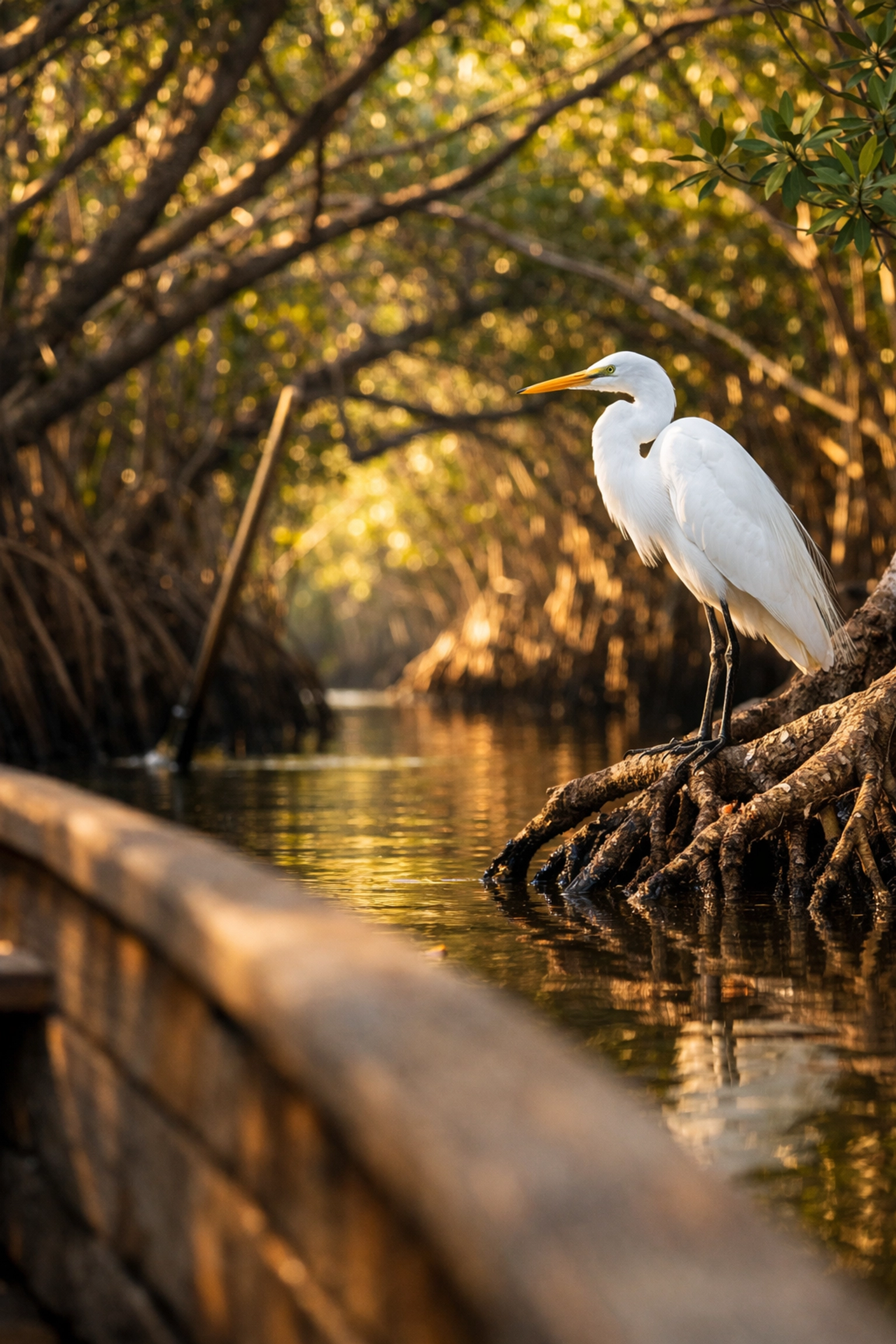 A photographer's pole boat approaching a Great Egret in an Everglades mangrove tunnel for eye-level shots.
