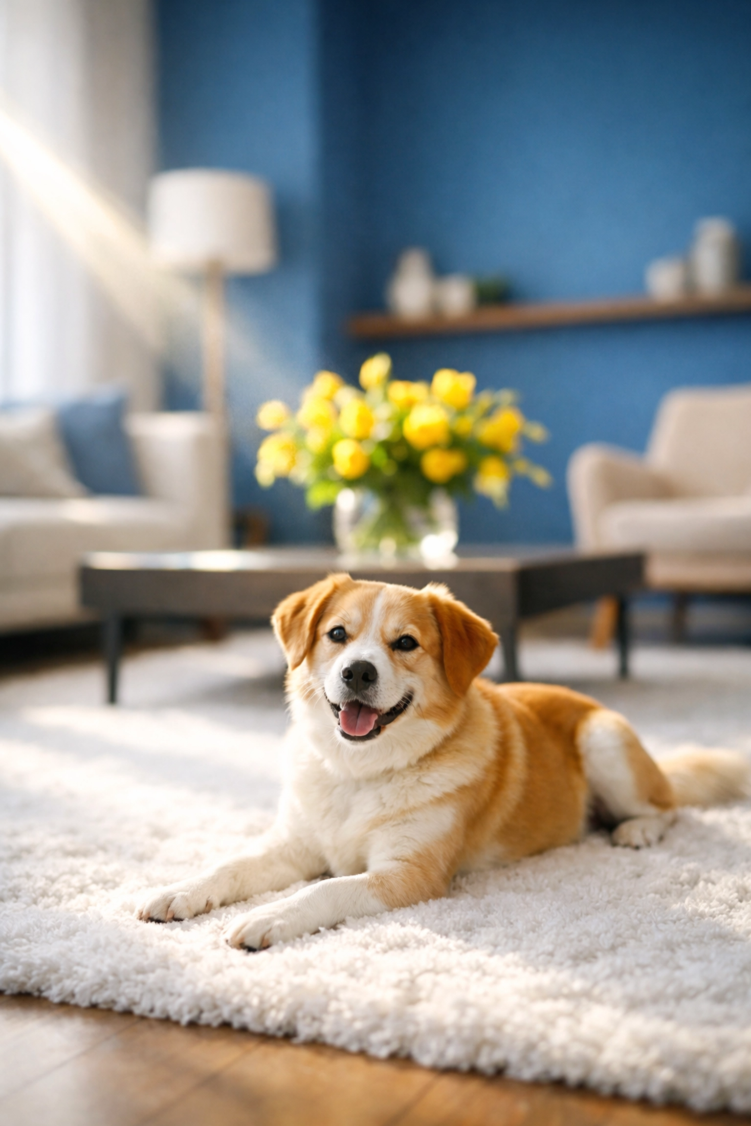 Dust-free living room with a white rug and happy dog after a bi weekly house cleaning service.
