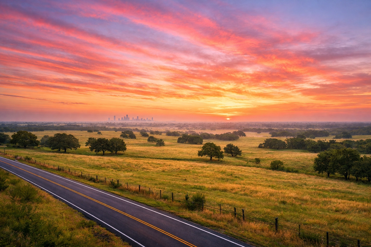 Undeveloped North Texas farmland with Dallas-Fort Worth skyline in distance