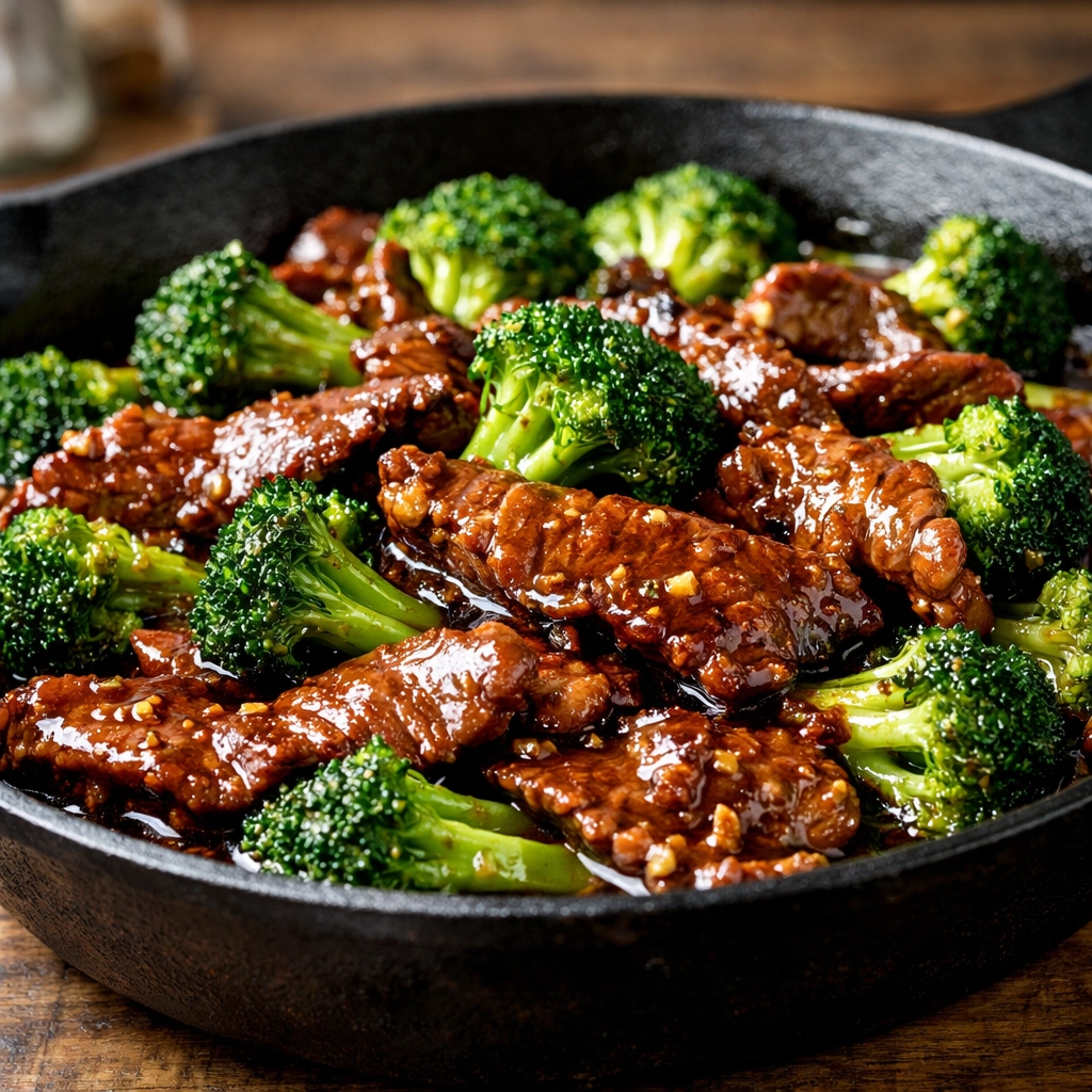 Savory beef and broccoli stir-fry in a skillet, a quick 5-ingredient dinner idea for busy parents.