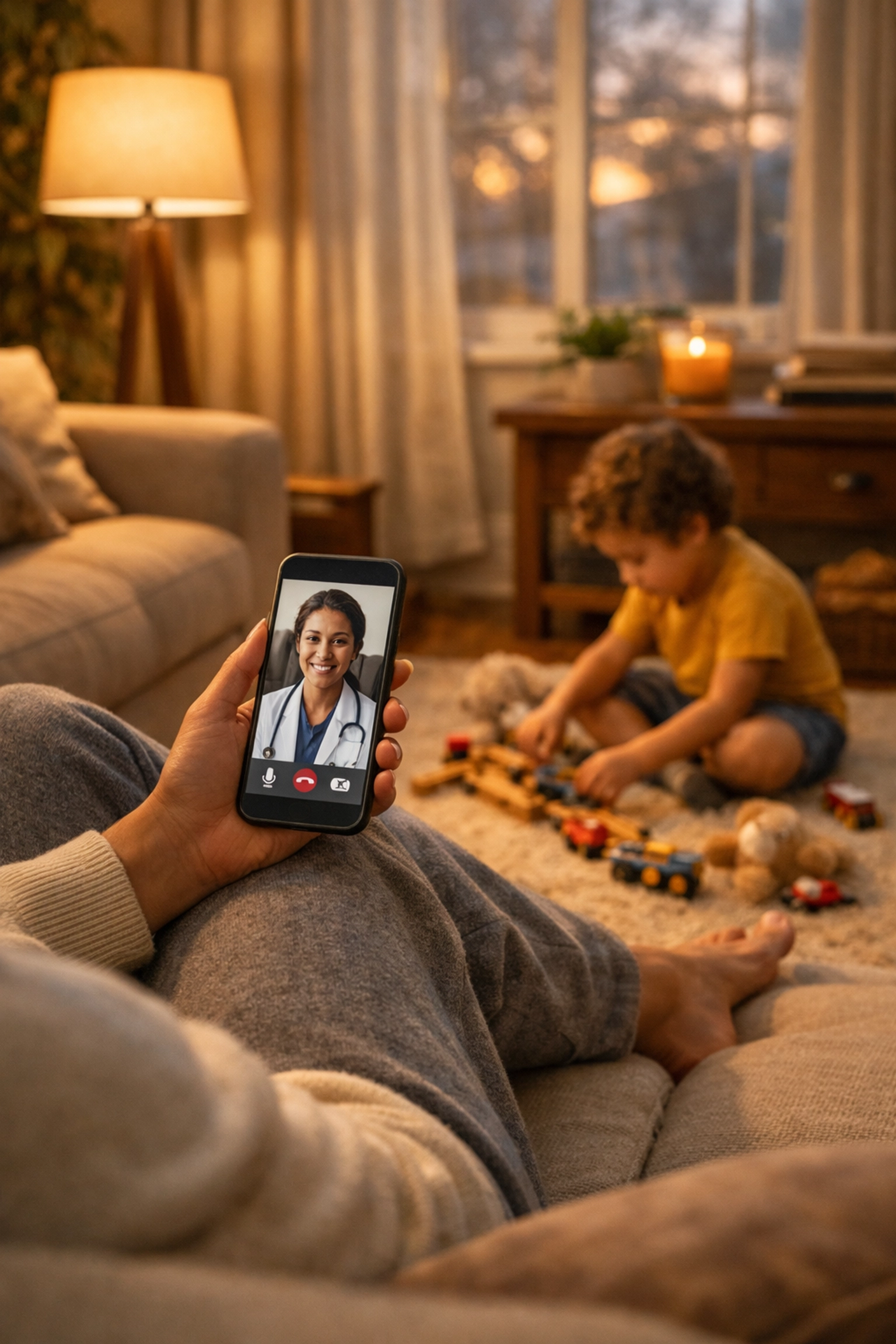 Parent using online urgent care consultation from home couch while child plays nearby