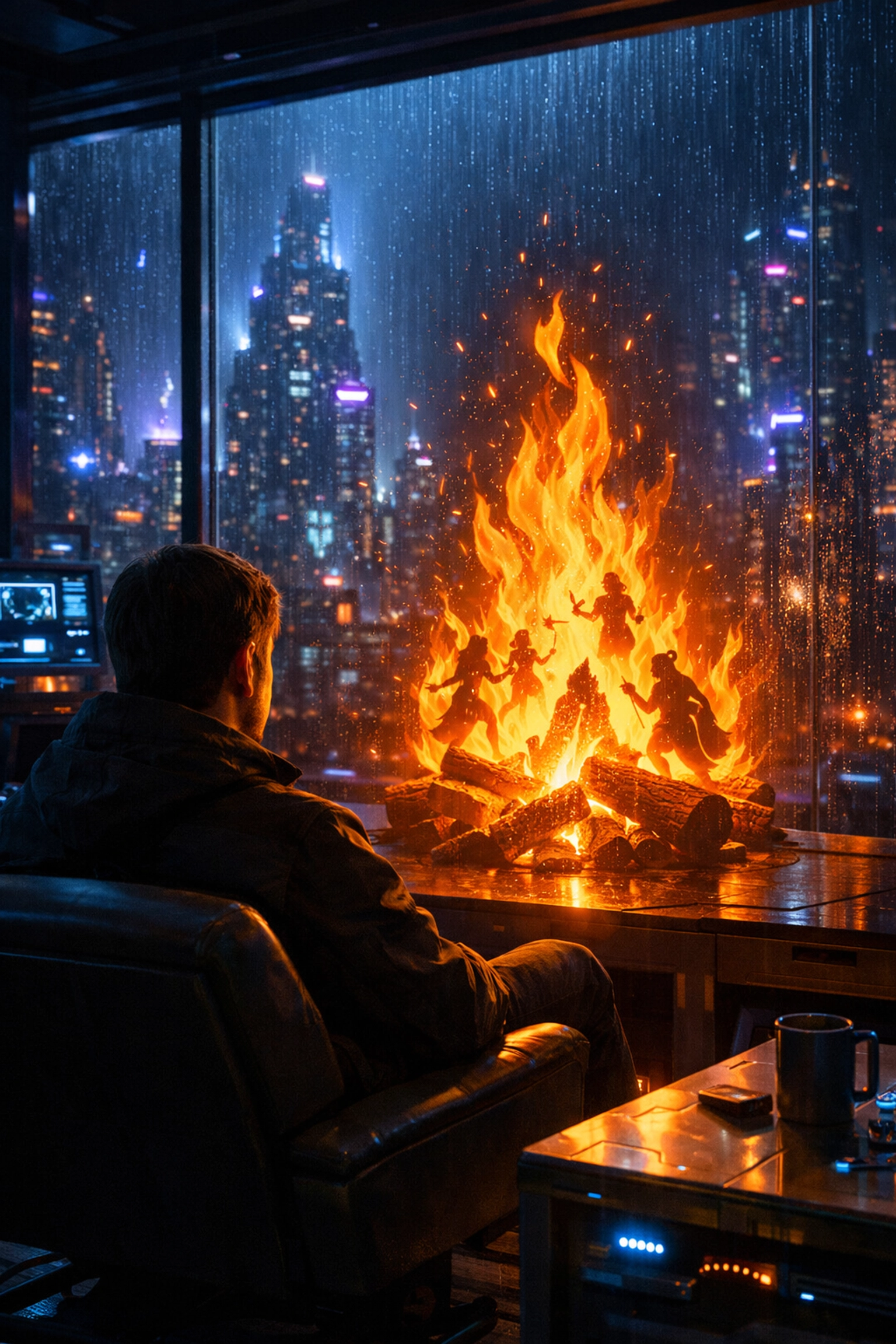 A person viewing a holographic campfire in a futuristic city, representing human imagination in a high-tech world.