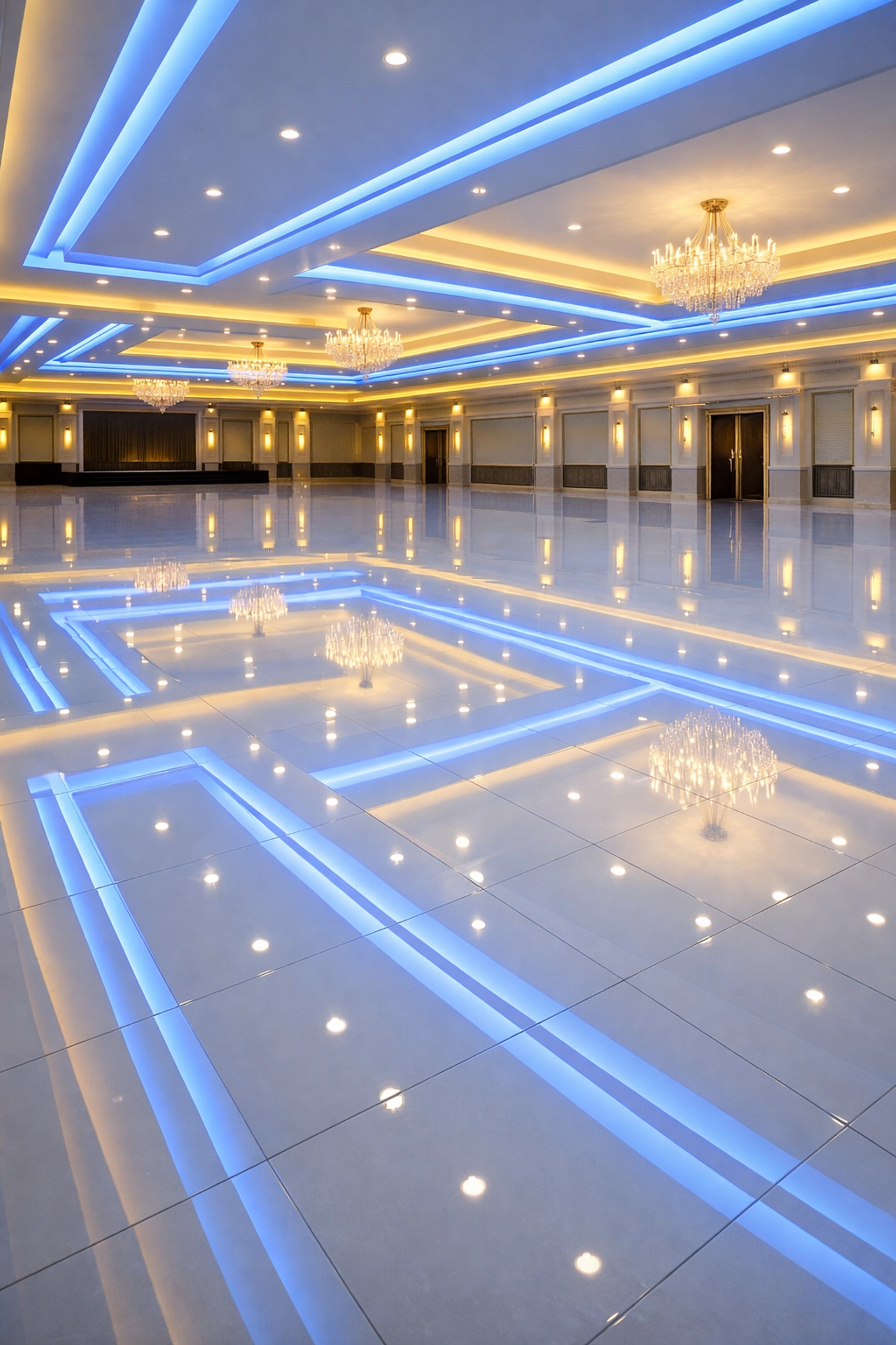 Pristine high-gloss ballroom floors after an expert commercial cleaning service reset.