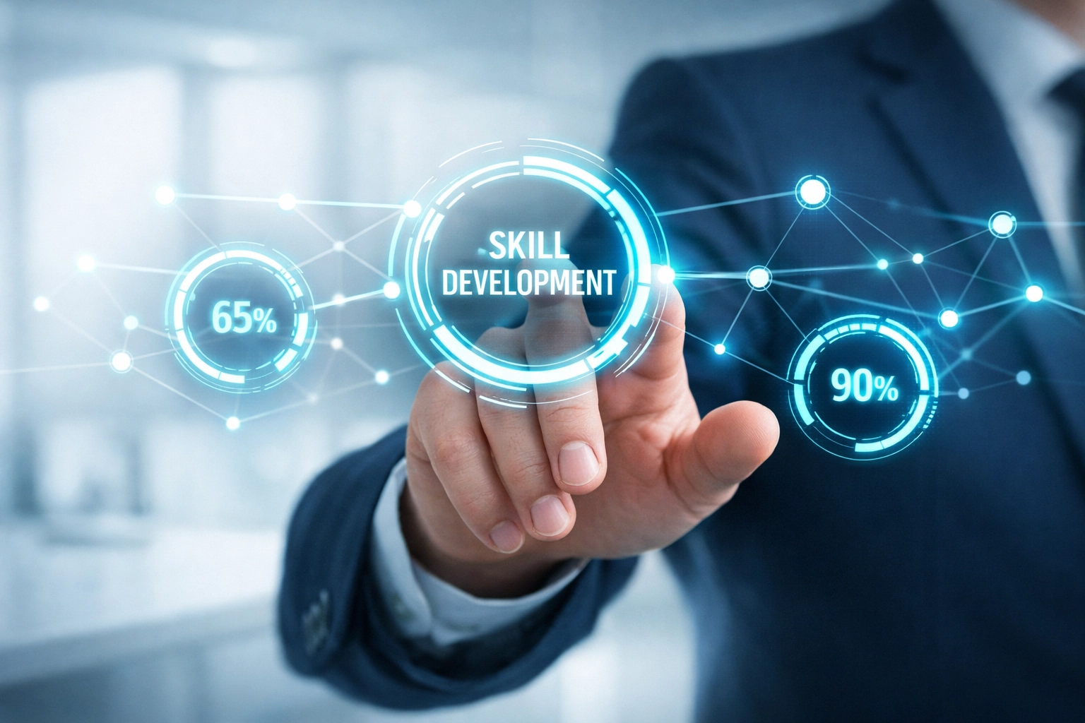 Professional interacting with a digital dashboard tracking sales skill development and training ROI.