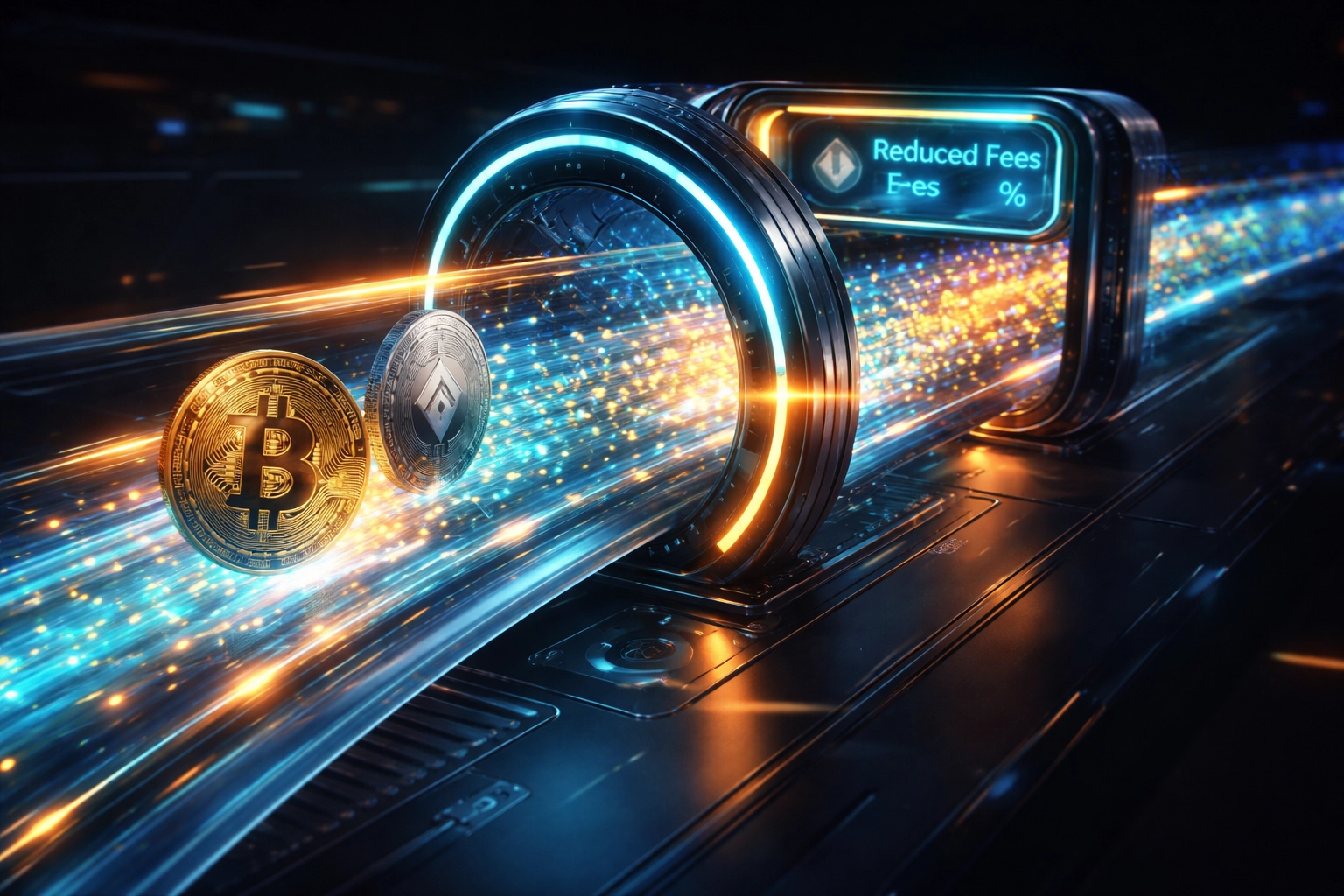 Digital crypto transaction flows through a futuristic gateway, illustrating reduced interchange fees for merchants with Larecoin ecosystem