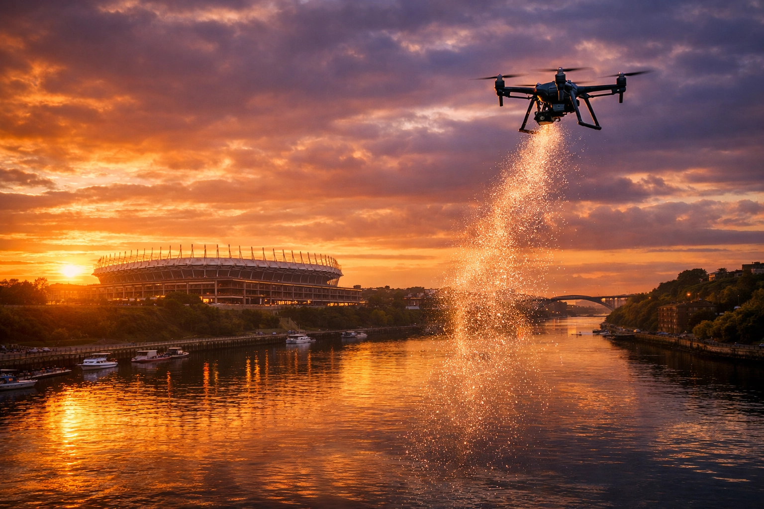 A dignified drone ashes scattering ceremony over the River Wear near the Sunderland Stadium of Light.