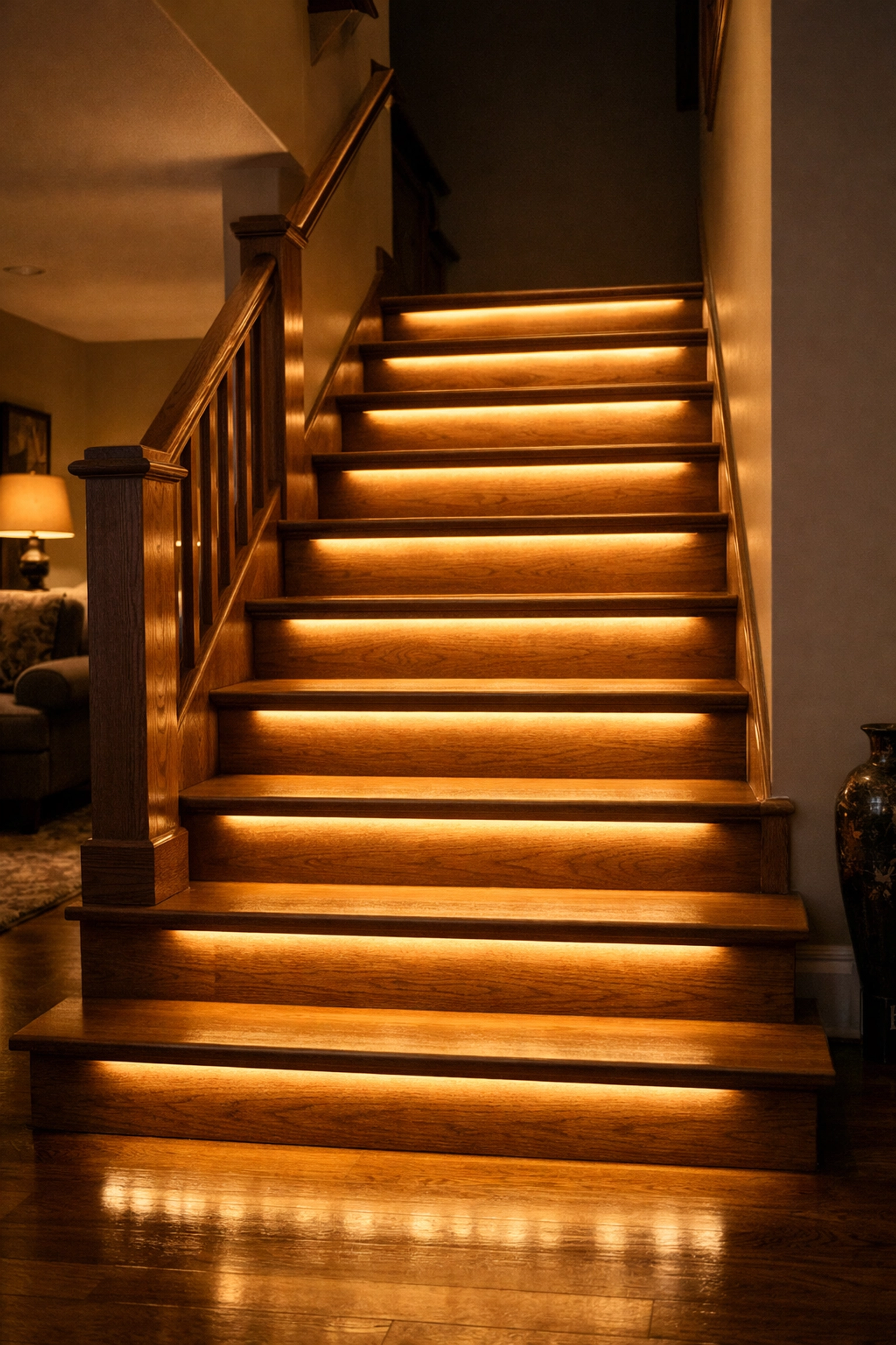 Motion-activated LED stair lights illuminating step edges for improved visibility and fall prevention.
