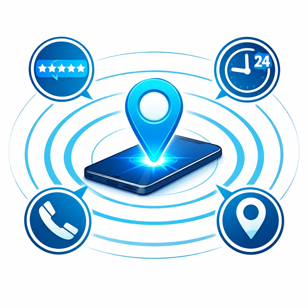 Local business profile showing Google Maps integration with reviews and contact information