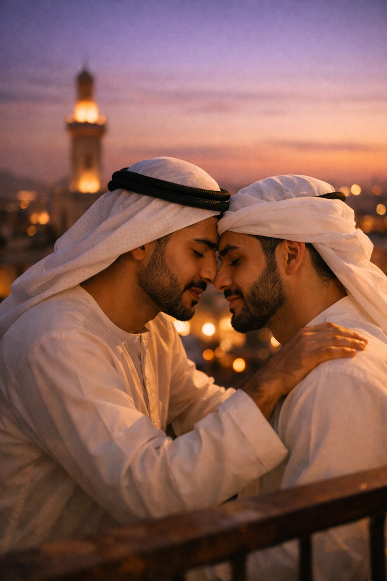 Two Arab men sharing an intimate, romantic moment on a balcony overlooking a city at sunset.