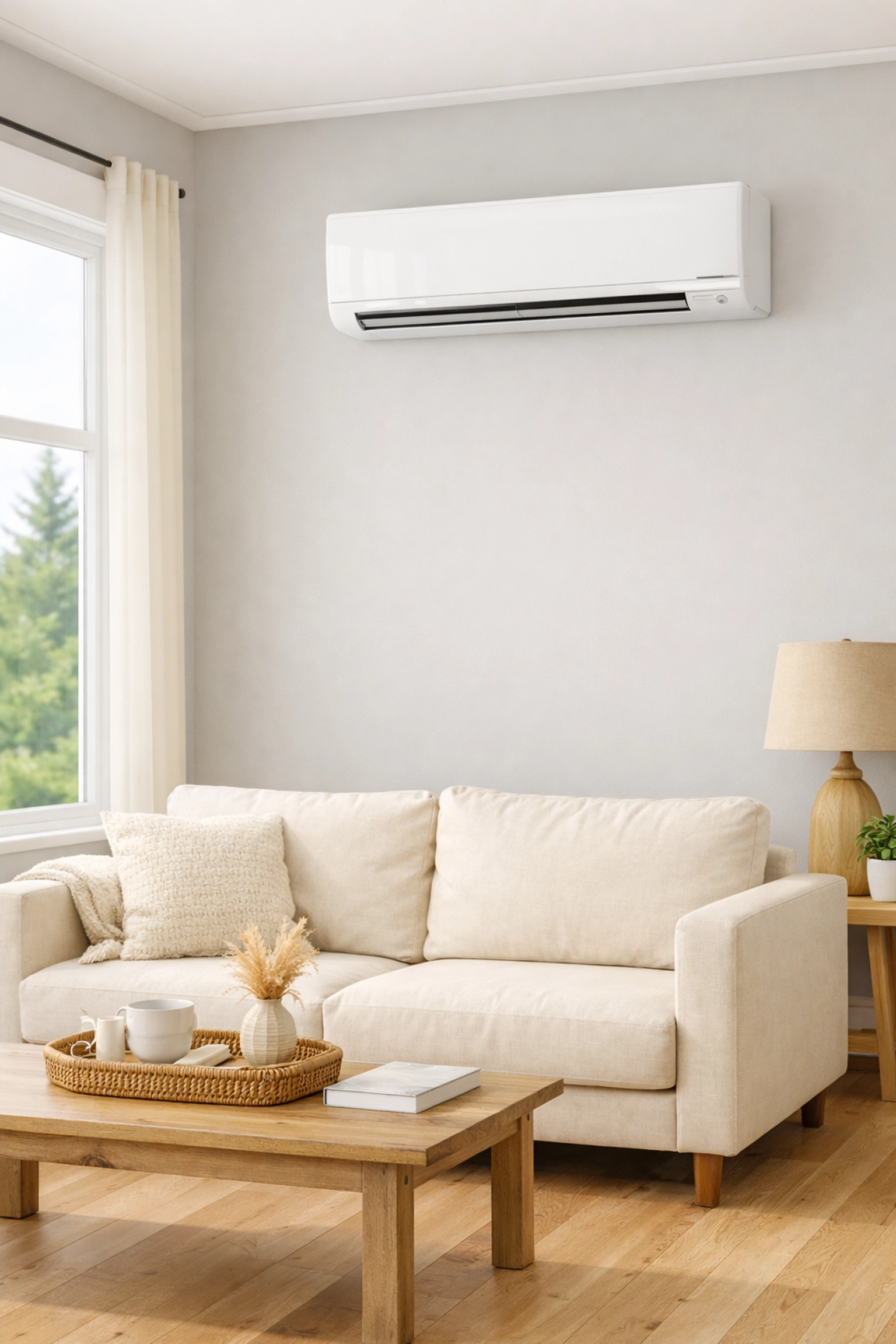 Energy-efficient heat pump installed by Maine electricians in a contemporary living room for year-round comfort.