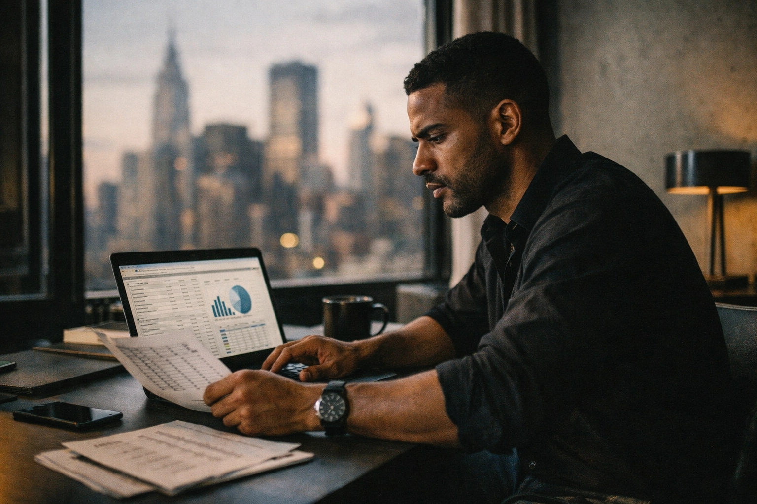 Young professional reviewing Christian financial literacy strategies on laptop in modern workspace