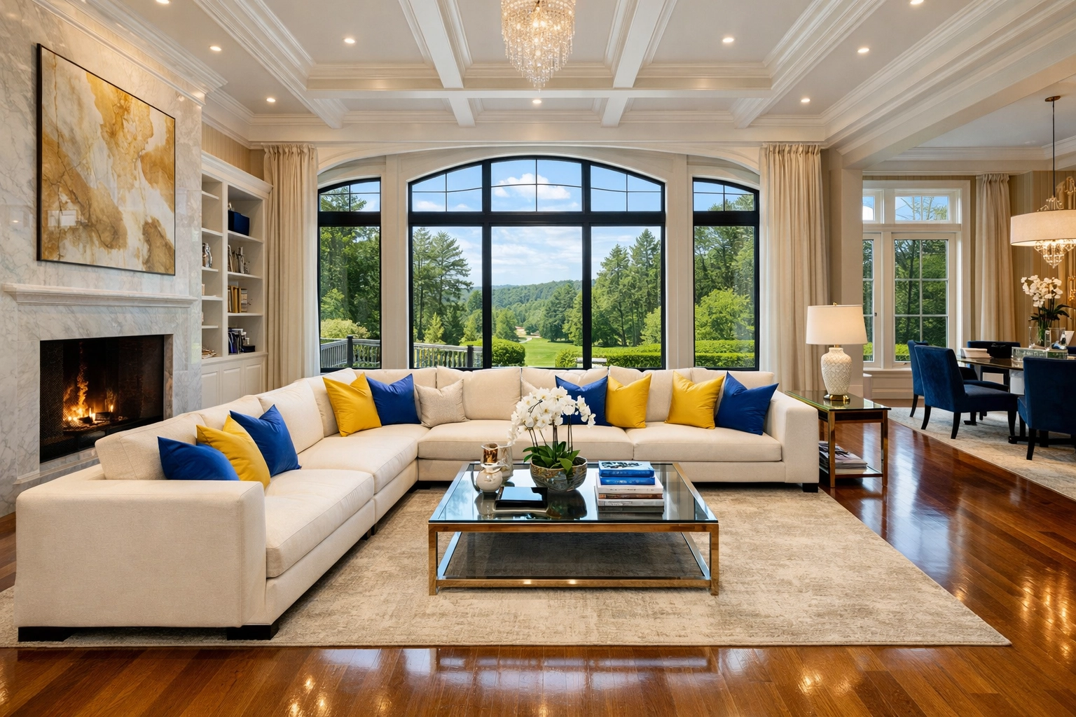 Spotless luxury living room in a Massachusetts mansion showcasing professional recurring residential cleaning results.
