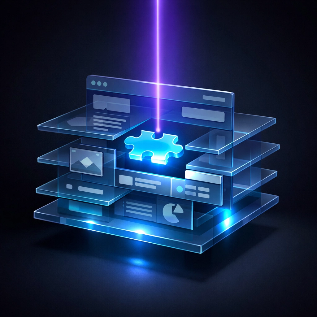 Illustration of AI content optimization completing a website architecture with a missing data piece.