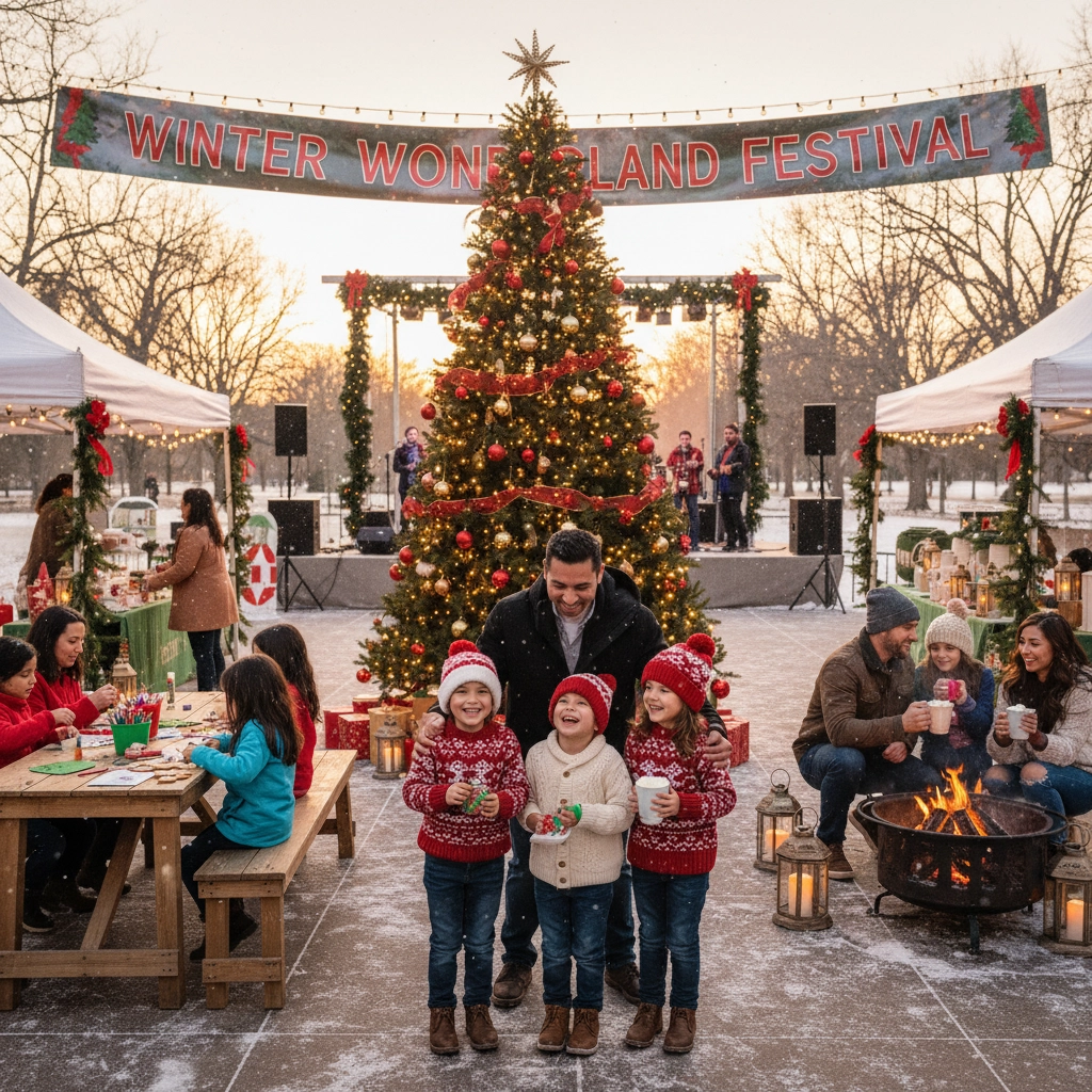 A family enjoying a winter festival with hot chocolate and holiday lights in Cherry Hill A family enjoying a winter festival with hot chocolate and holiday lights in Cherry Hill
