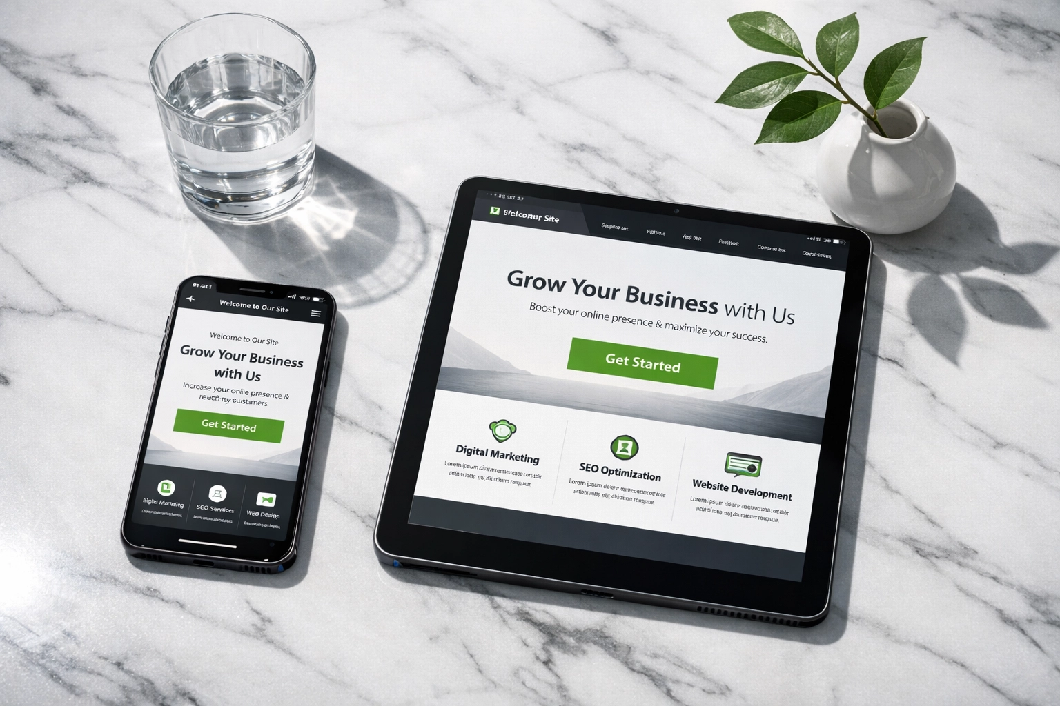 Modern responsive website design for small businesses shown on a mobile phone and tablet.