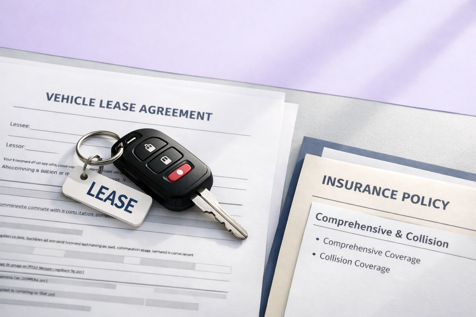 Car keys on vehicle lease agreement with comprehensive and collision insurance policy folder